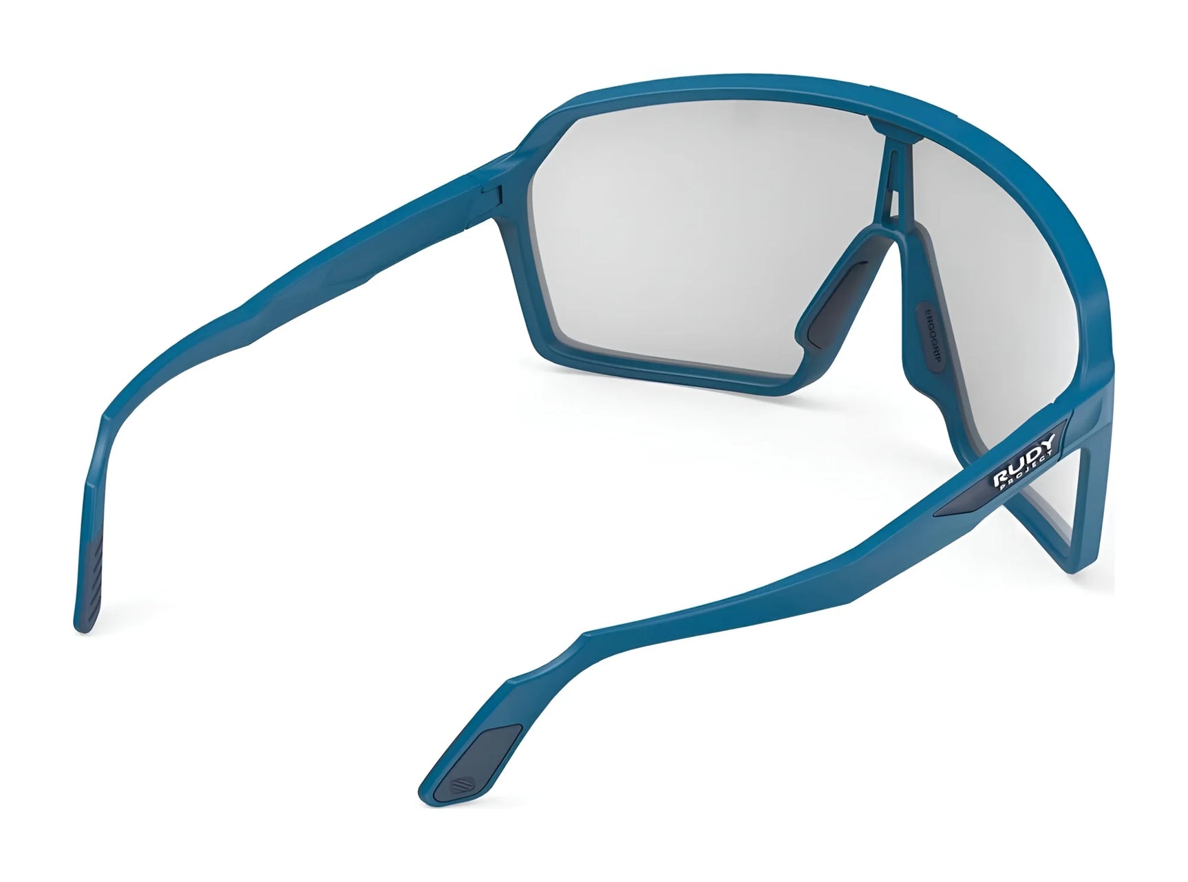 The Rudy Project Spinshield Sunglasses | Size 147, shown from the back, display their blue frame, clear lenses, arms, and nose pads for optimal eye protection. The Rudy Project Spinshield Sunglasses | Size 147, shown from the back, display their blue frame, clear lenses, arms, and nose pads for optimal eye protection.