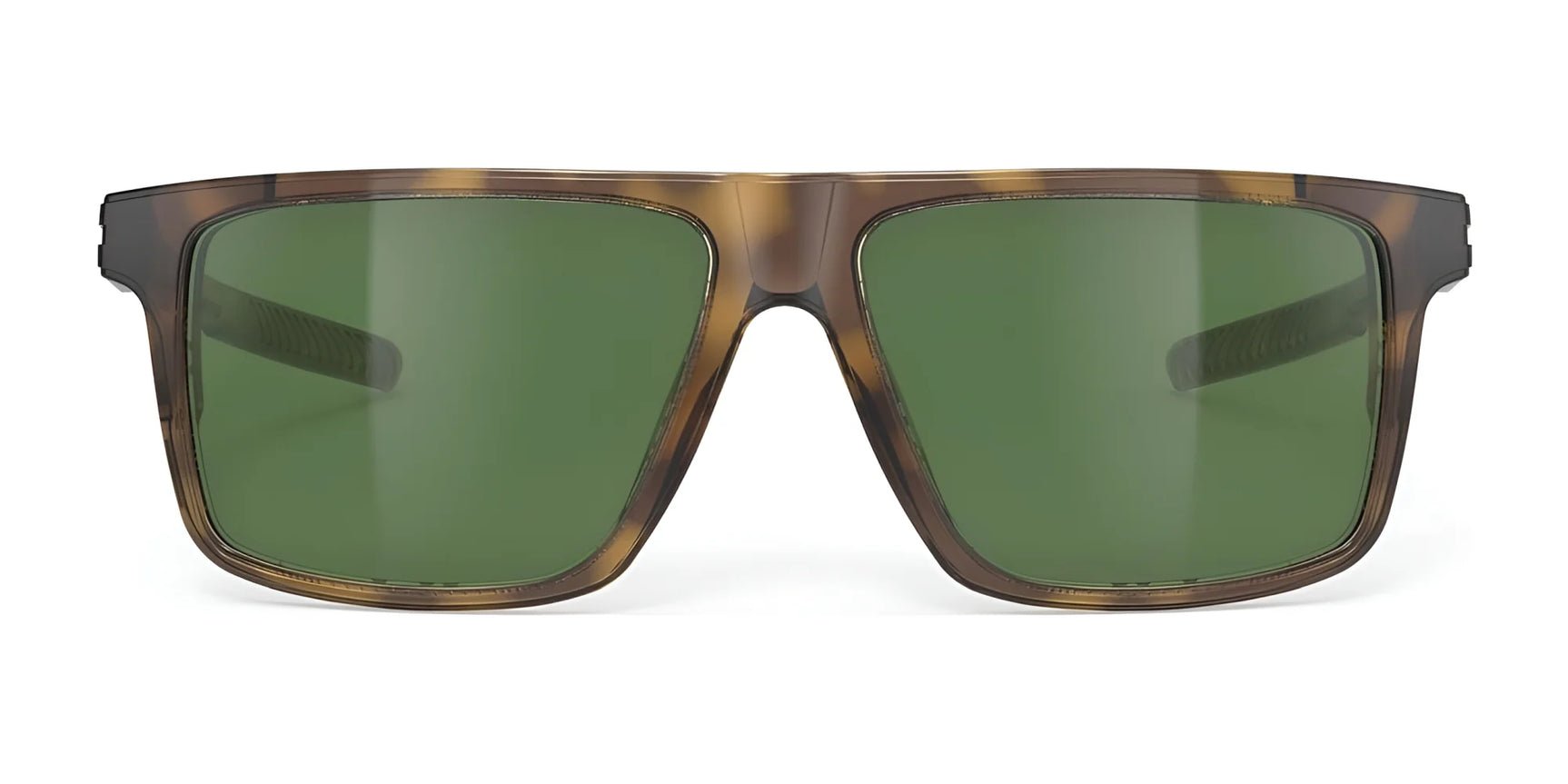 Rudy Project Stellar Sunglasses | Size 52: Brown square frames with green lenses, crafted from sustainable material and offering UV protection, shown front view against a white background. Rudy Project Stellar Sunglasses | Size 52: Brown square frames with green lenses, crafted from sustainable material and offering UV protection, shown front view against a white background.