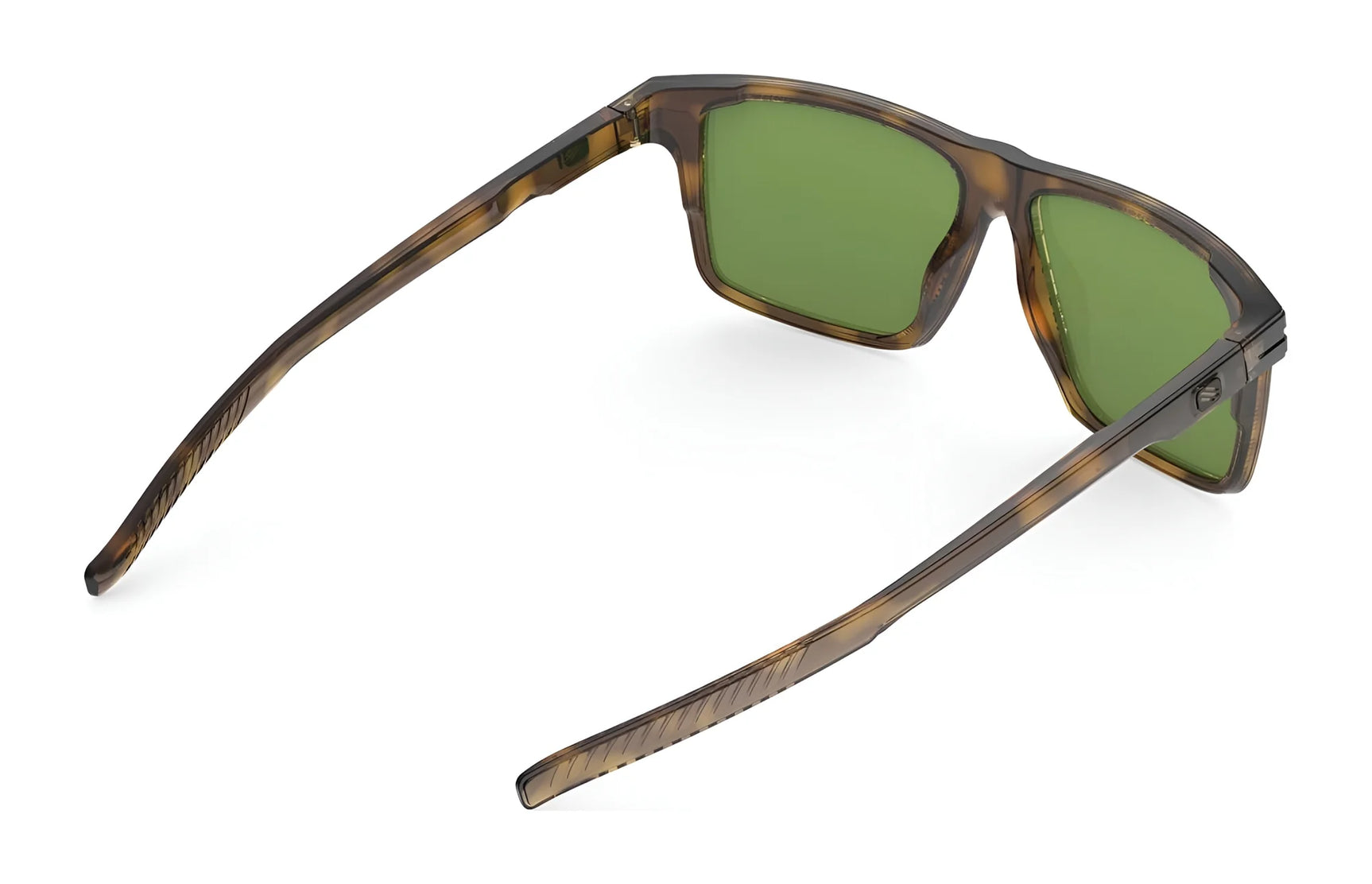 Rudy Project Stellar Sunglasses | Size 52, featuring tortoiseshell frames with green lenses made from sustainable materials, are displayed from the back at an angle on a white background. Rudy Project Stellar Sunglasses | Size 52, featuring tortoiseshell frames with green lenses made from sustainable materials, are displayed from the back at an angle on a white background.