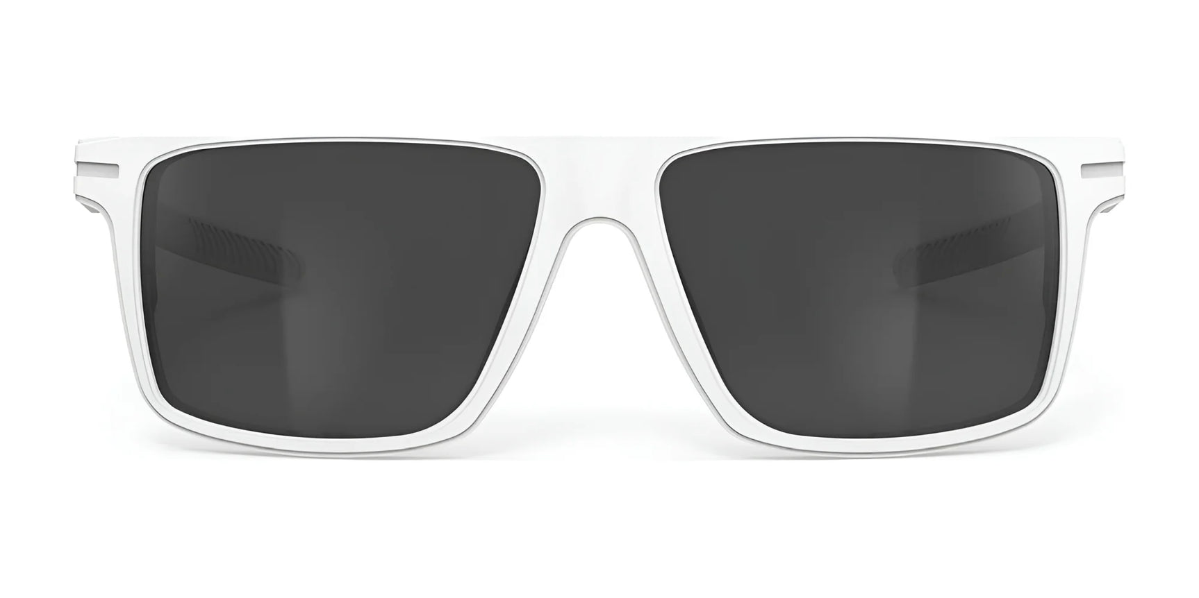 The Rudy Project Stellar Sunglasses (Size 52) feature white rectangular frames with dark lenses, viewed from the front, and provide UV protection for your eyes. The Rudy Project Stellar Sunglasses (Size 52) feature white rectangular frames with dark lenses, viewed from the front, and provide UV protection for your eyes.