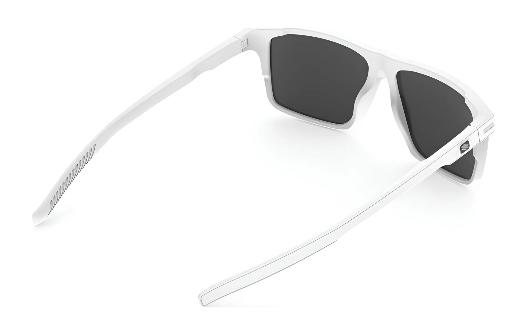 Rudy Project Stellar Sunglasses | Size 52 shown from a rear side angle on a white background, featuring white frames, black lenses, and UV protection for safe and stylish eyewear. Rudy Project Stellar Sunglasses | Size 52 shown from a rear side angle on a white background, featuring white frames, black lenses, and UV protection for safe and stylish eyewear.