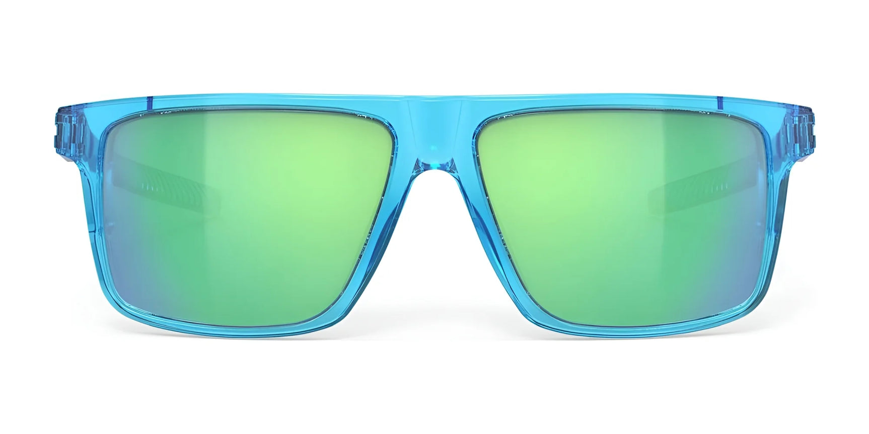 Rudy Project Stellar Sunglasses | Size 52 feature blue frames and large, reflective green lenses with UV protection, displayed front-facing on a white background. Rudy Project Stellar Sunglasses | Size 52 feature blue frames and large, reflective green lenses with UV protection, displayed front-facing on a white background.