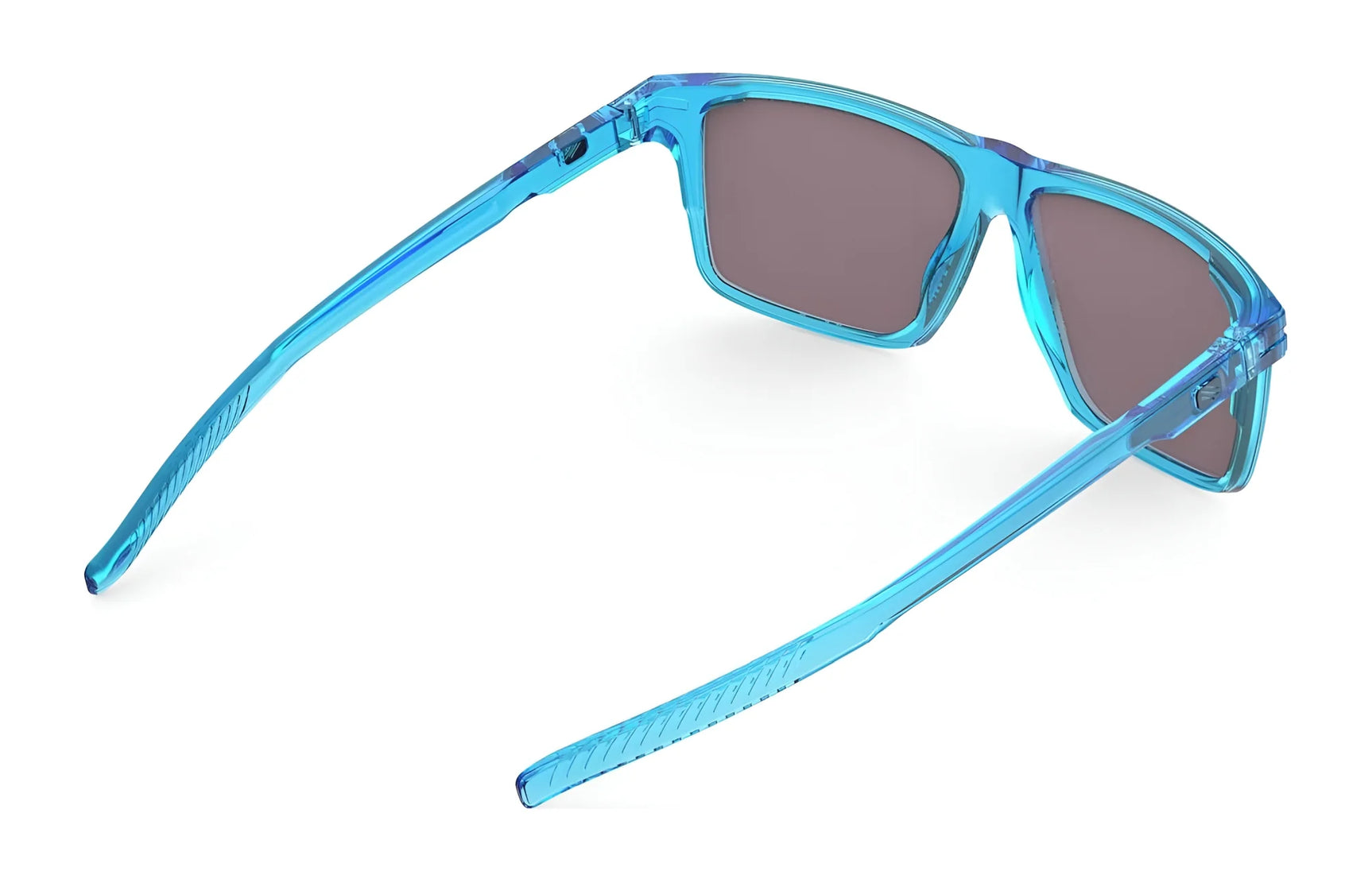 Rudy Project Stellar Sunglasses | Size 52 by Rudy Project are blue translucent sunglasses with dark UV-protective lenses, shown from a rear angle on a white background for safe and stylish wear. Rudy Project Stellar Sunglasses | Size 52 by Rudy Project are blue translucent sunglasses with dark UV-protective lenses, shown from a rear angle on a white background for safe and stylish wear.