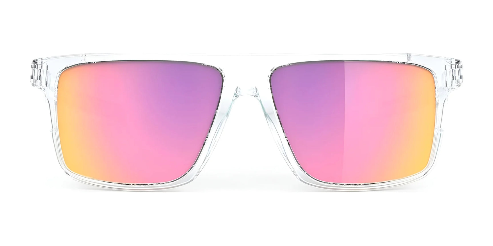 The Rudy Project Stellar Sunglasses | Size 52 by Rudy Project feature clear frames and large, mirrored lenses in pink, orange, or purple. Made from sustainable materials, they offer stylish UV protection and look striking against a white background. The Rudy Project Stellar Sunglasses | Size 52 by Rudy Project feature clear frames and large, mirrored lenses in pink, orange, or purple. Made from sustainable materials, they offer stylish UV protection and look striking against a white background.