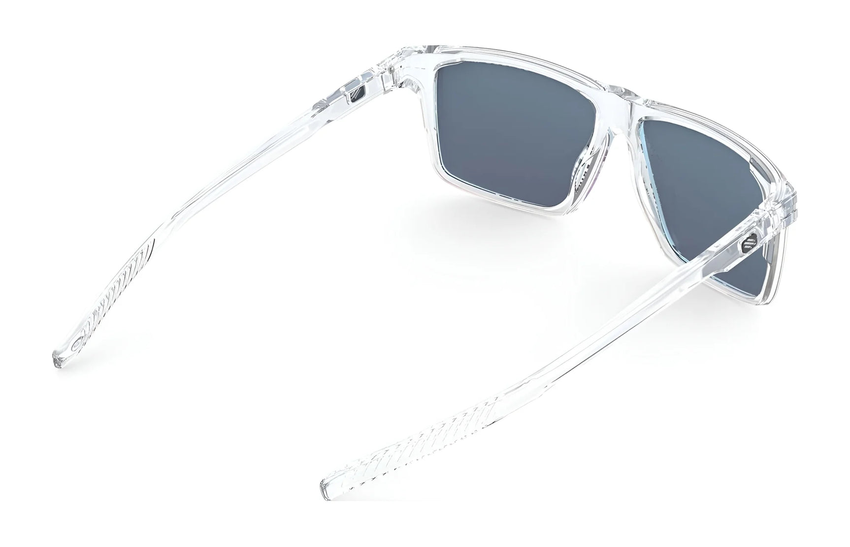 Rudy Project Stellar Sunglasses | Size 52 by Rudy Project feature clear frames with dark lenses, crafted from sustainable materials, displayed from a rear angled view against a white background. Rudy Project Stellar Sunglasses | Size 52 by Rudy Project feature clear frames with dark lenses, crafted from sustainable materials, displayed from a rear angled view against a white background.