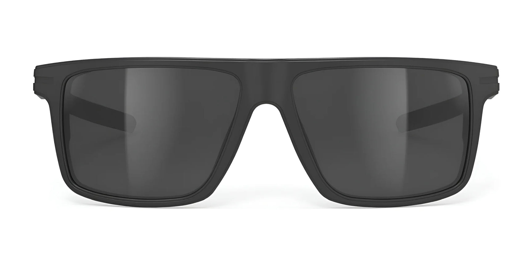 Rudy Project Stellar Sunglasses | Size 52 feature black oversized rectangular frames with dark UV-protective lenses, shown from the front against a white background. Rudy Project Stellar Sunglasses | Size 52 feature black oversized rectangular frames with dark UV-protective lenses, shown from the front against a white background.