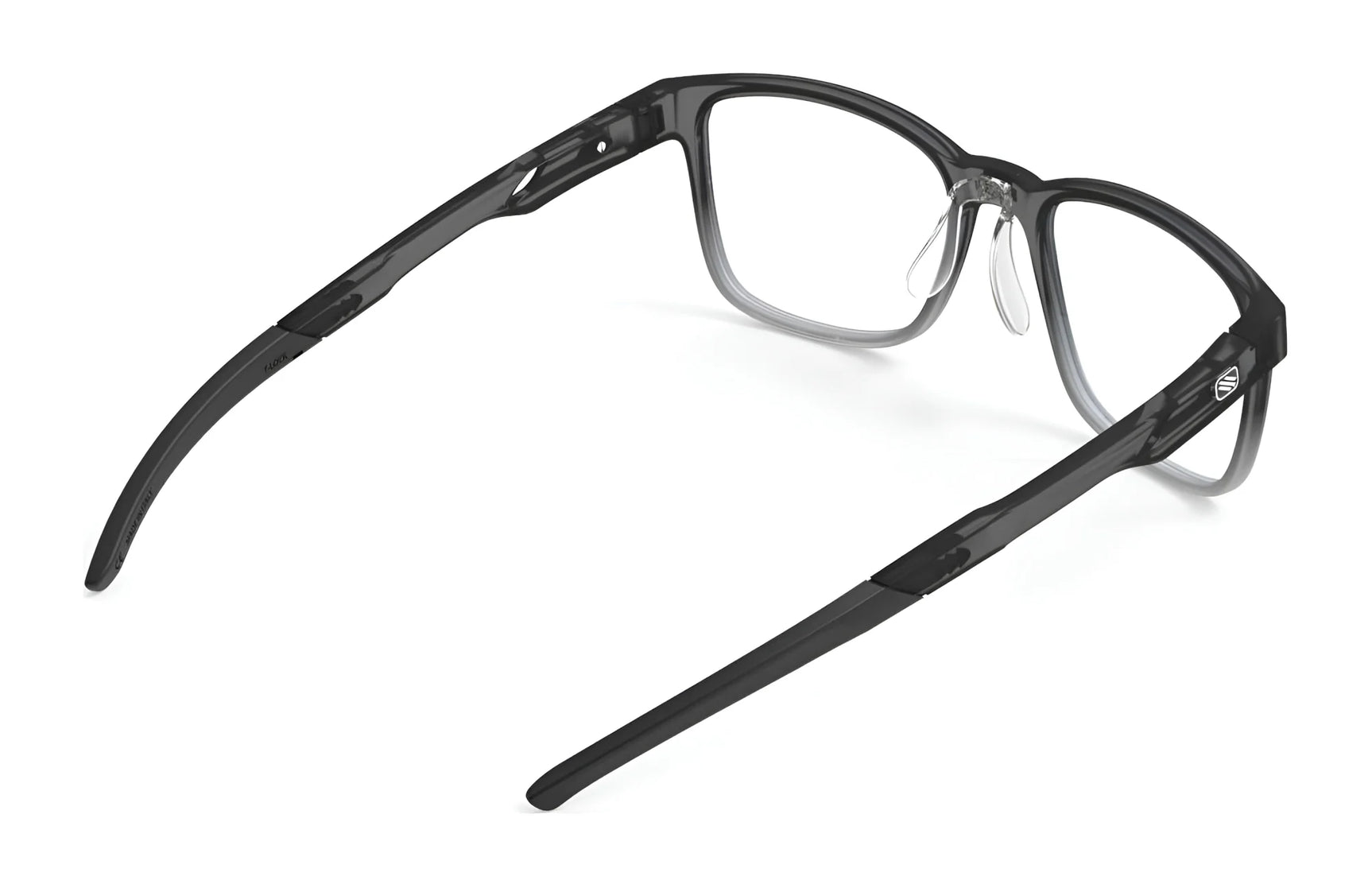 Rudy Project Step 01 Eyeglasses in black, rectangular frames with transparent nose pads and adjustable temple tips, shown angled on a white background. Size 51. Prescription-ready for everyday comfort and style. Rudy Project Step 01 Eyeglasses in black, rectangular frames with transparent nose pads and adjustable temple tips, shown angled on a white background. Size 51. Prescription-ready for everyday comfort and style.