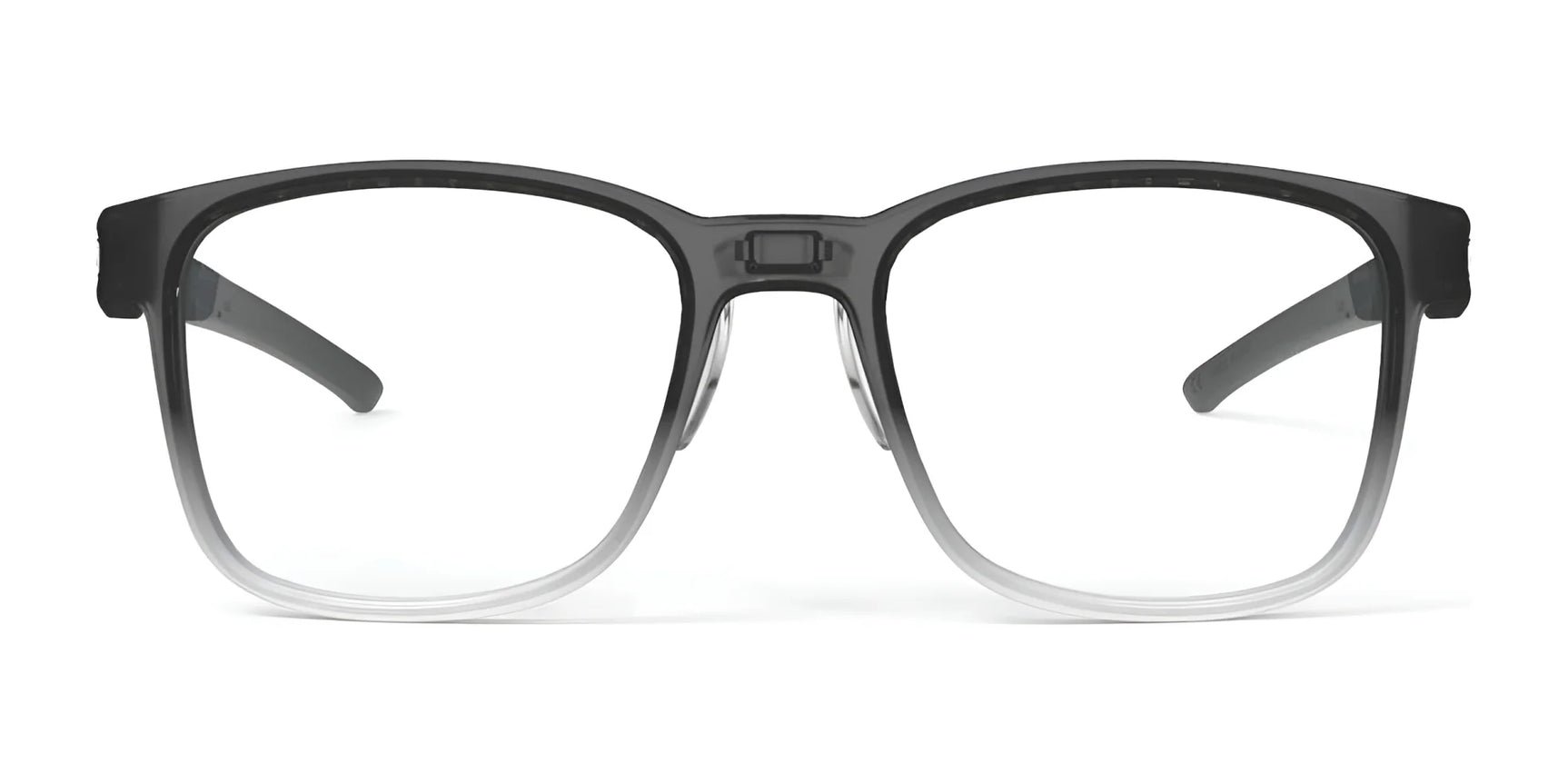 Rudy Project Step 01 Eyeglasses (Size 51) feature black and clear gradient rectangular frames with thick fronts. Prescription ready with adjustable temple tips for a custom fit, shown on a white background. Rudy Project Step 01 Eyeglasses (Size 51) feature black and clear gradient rectangular frames with thick fronts. Prescription ready with adjustable temple tips for a custom fit, shown on a white background.