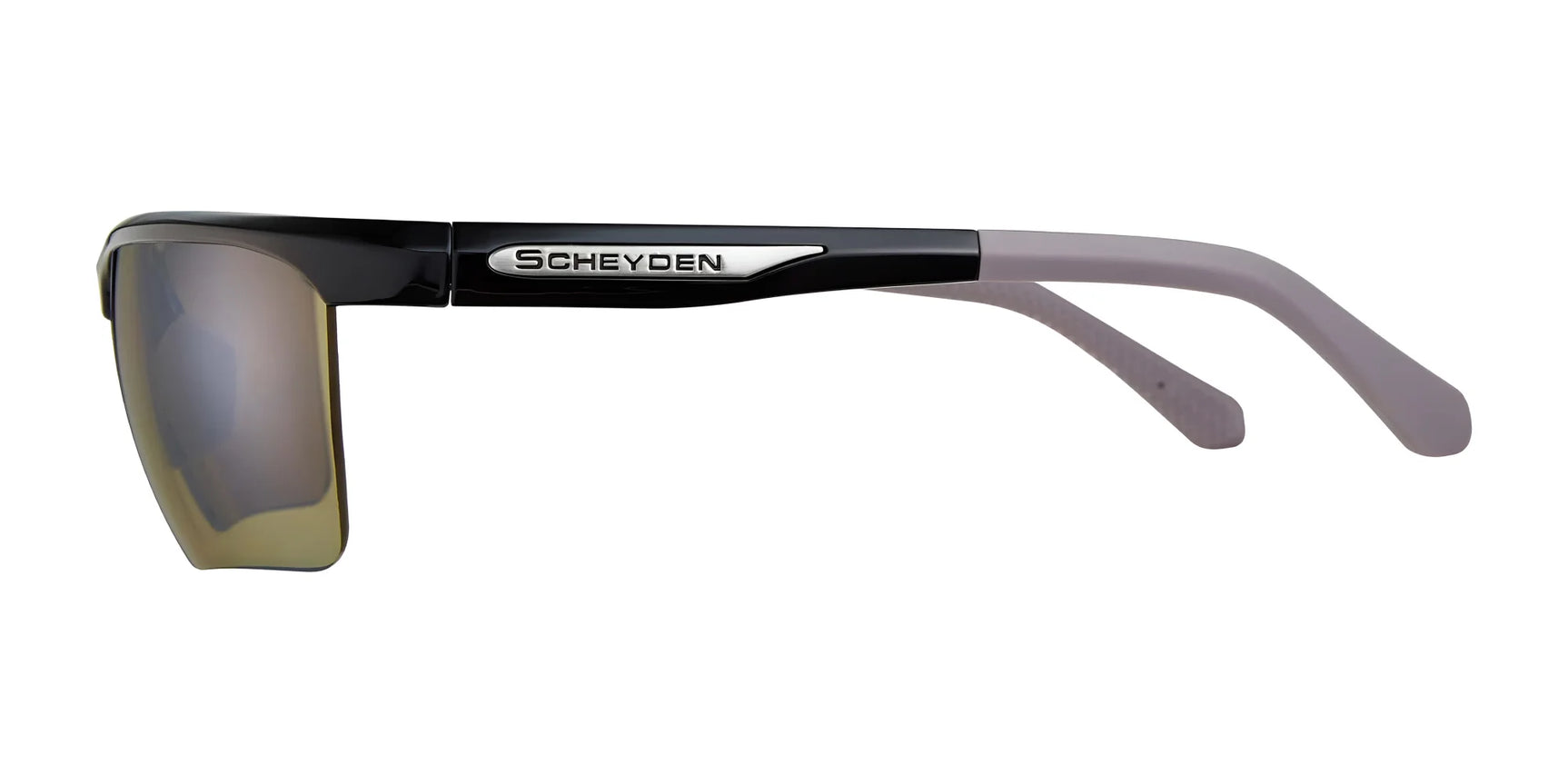 Side view of Scheyden CIA GRABBER SMALL Sunglasses | Size 58 in black and gray, featuring a TR90 composite frame, mirrored LT33 RSR lenses, and a metallic "Scheyden" logo on the arm. Side view of Scheyden CIA GRABBER SMALL Sunglasses | Size 58 in black and gray, featuring a TR90 composite frame, mirrored LT33 RSR lenses, and a metallic "Scheyden" logo on the arm.