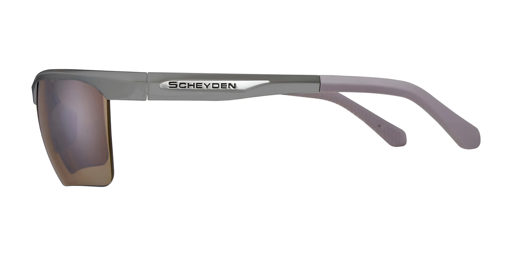 Side view of Scheyden CIA GRABBER SMALL Sunglasses | Size 58, featuring a gray TR90 composite frame, brown lenses, and the Scheyden logo on the arm. Side view of Scheyden CIA GRABBER SMALL Sunglasses | Size 58, featuring a gray TR90 composite frame, brown lenses, and the Scheyden logo on the arm.