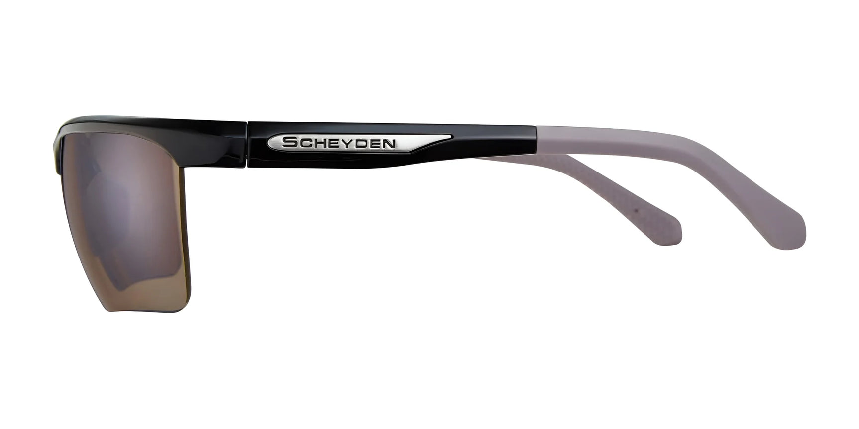 Side view of Scheyden CIA GRABBER SMALL Sunglasses | Size 58 showcasing a black TR90 composite frame, gray temples, and a silver logo on the arm. Side view of Scheyden CIA GRABBER SMALL Sunglasses | Size 58 showcasing a black TR90 composite frame, gray temples, and a silver logo on the arm.