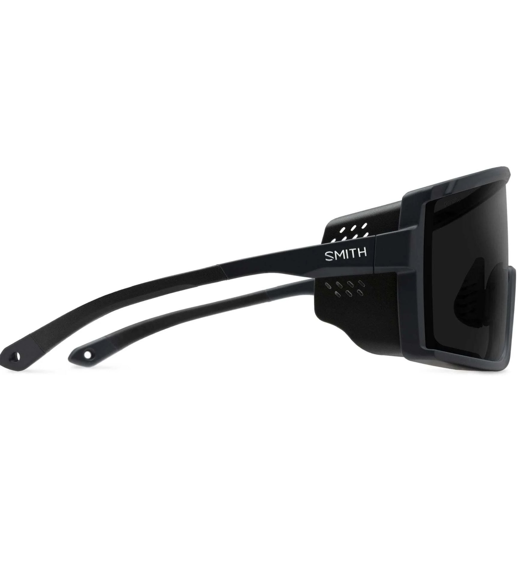 Side view of Smith Optics Pursuit Sunglasses in black, featuring Glacier Photochromic lenses with ventilation holes and tinted shades. Side view of Smith Optics Pursuit Sunglasses in black, featuring Glacier Photochromic lenses with ventilation holes and tinted shades.