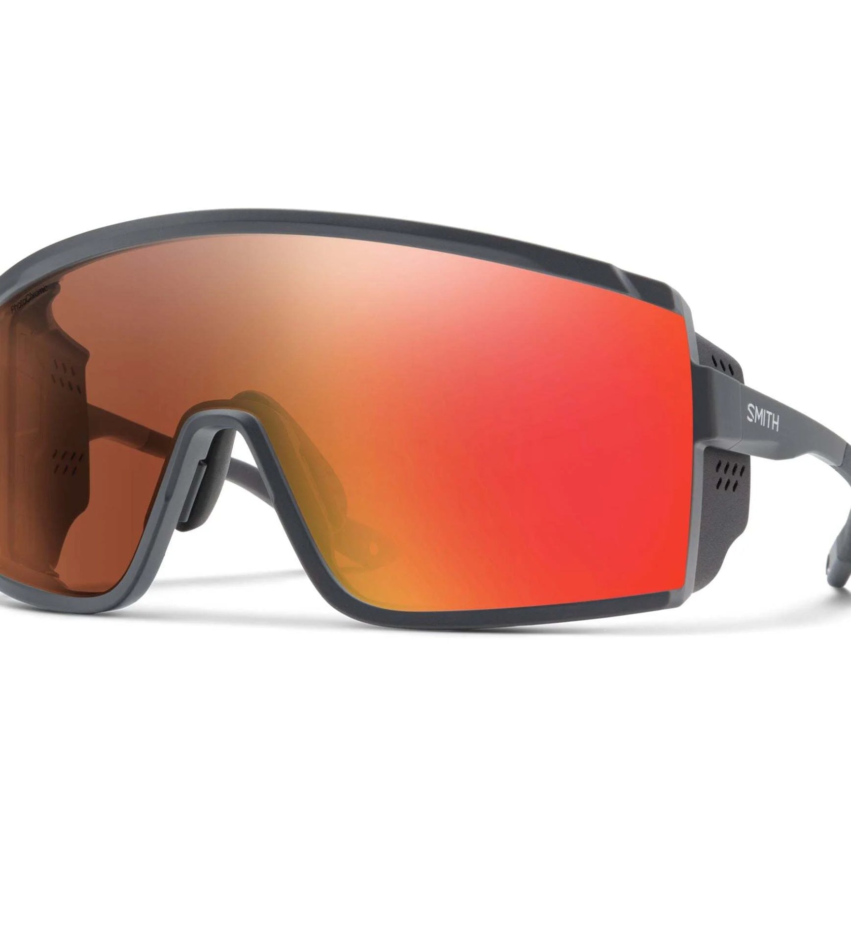 Smith Optics Pursuit Sunglasses with ChromaPop™ red reflective lenses and a matte slate frame, angled view. Smith Optics Pursuit Sunglasses with ChromaPop™ red reflective lenses and a matte slate frame, angled view.