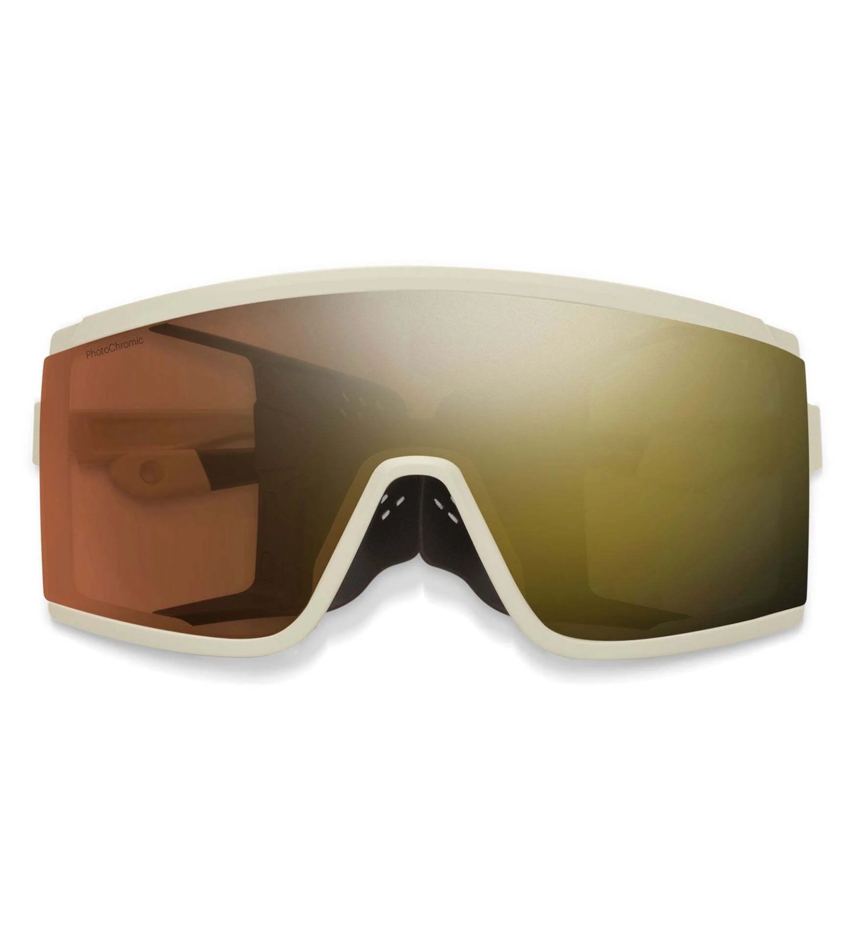Smith Optics Pursuit Sunglasses showcasing Glacier Photochromic lenses and a sleek white frame against a plain background. Smith Optics Pursuit Sunglasses showcasing Glacier Photochromic lenses and a sleek white frame against a plain background.