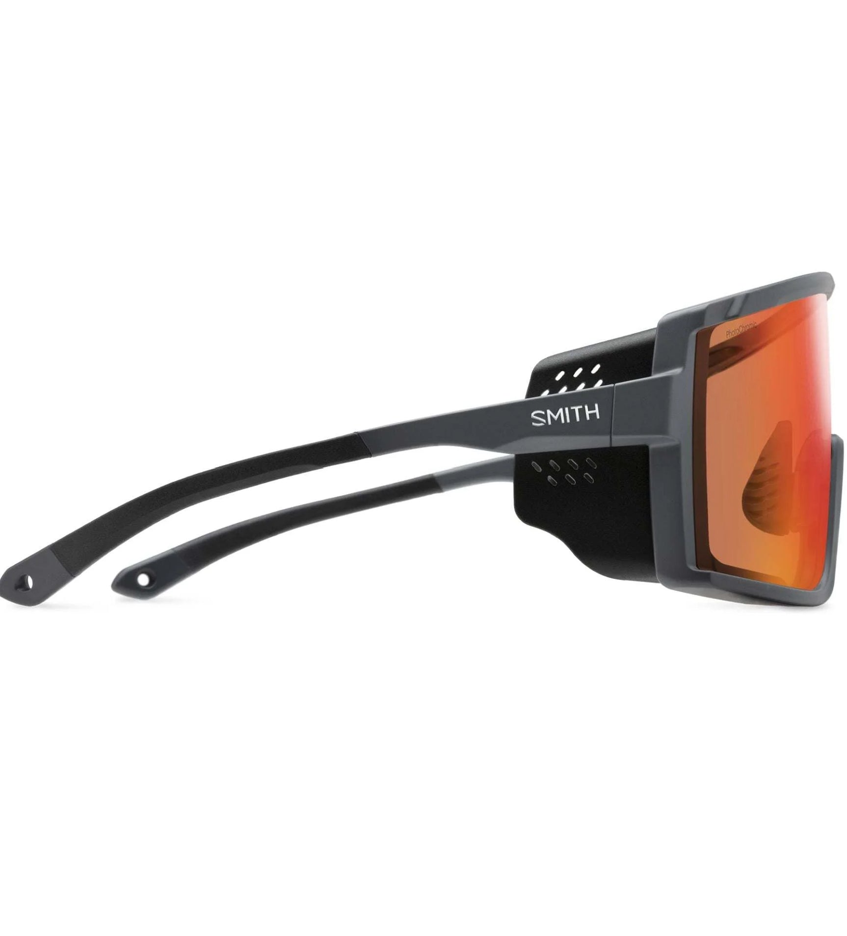 Side view of Smith Optics Pursuit Sunglasses showcasing gray frames and reflective orange Glacier Photochromic lenses for enhanced visual performance. Side view of Smith Optics Pursuit Sunglasses showcasing gray frames and reflective orange Glacier Photochromic lenses for enhanced visual performance.
