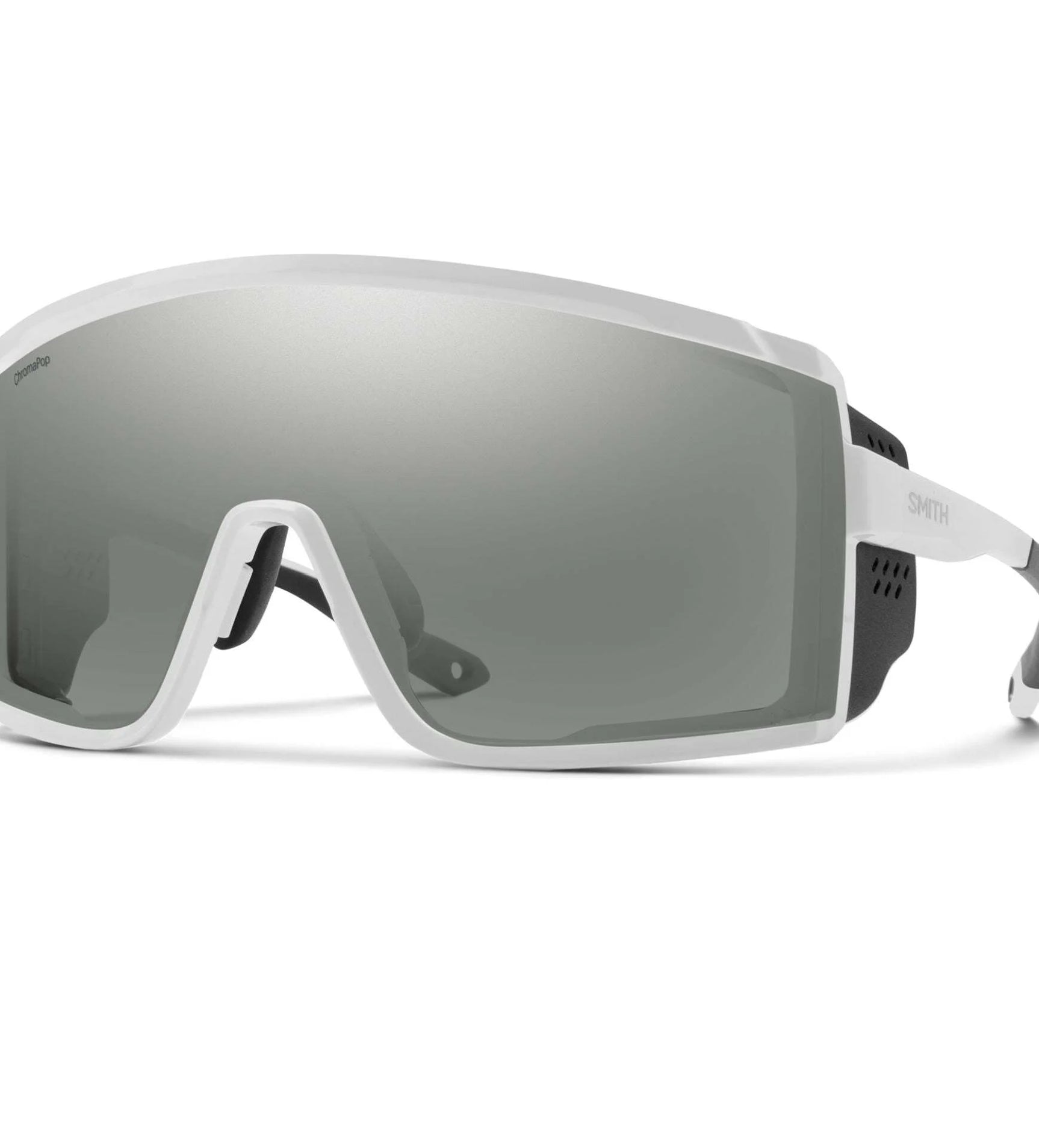 Smith Optics Pursuit sunglasses featuring a white frame and large gray Photochromic lenses, displayed against a simple background. Smith Optics Pursuit sunglasses featuring a white frame and large gray Photochromic lenses, displayed against a simple background.