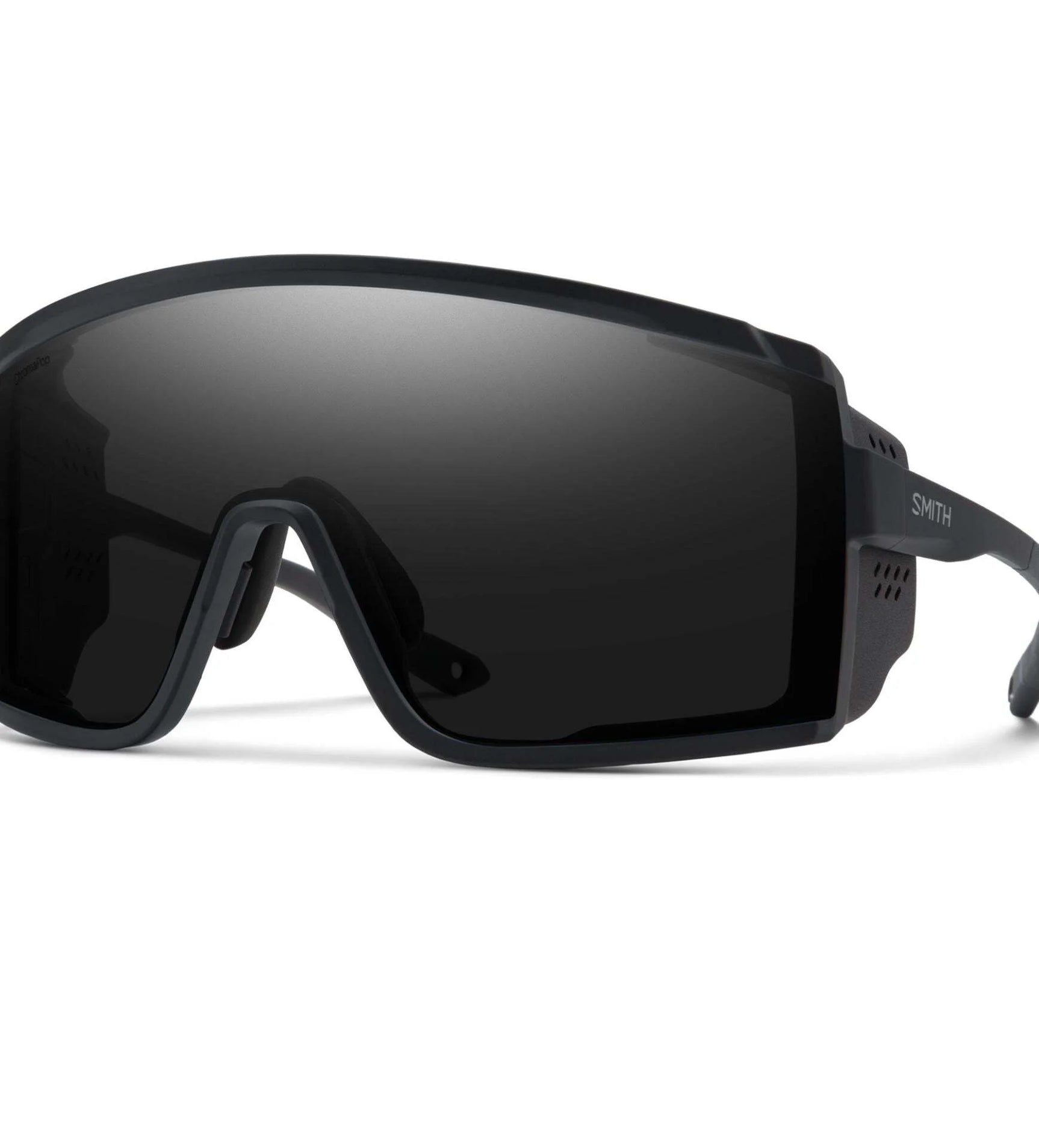 Matte Black Smith Optics Pursuit Sunglasses featuring wide Glacier Photochromic lenses and a sleek design. Matte Black Smith Optics Pursuit Sunglasses featuring wide Glacier Photochromic lenses and a sleek design.