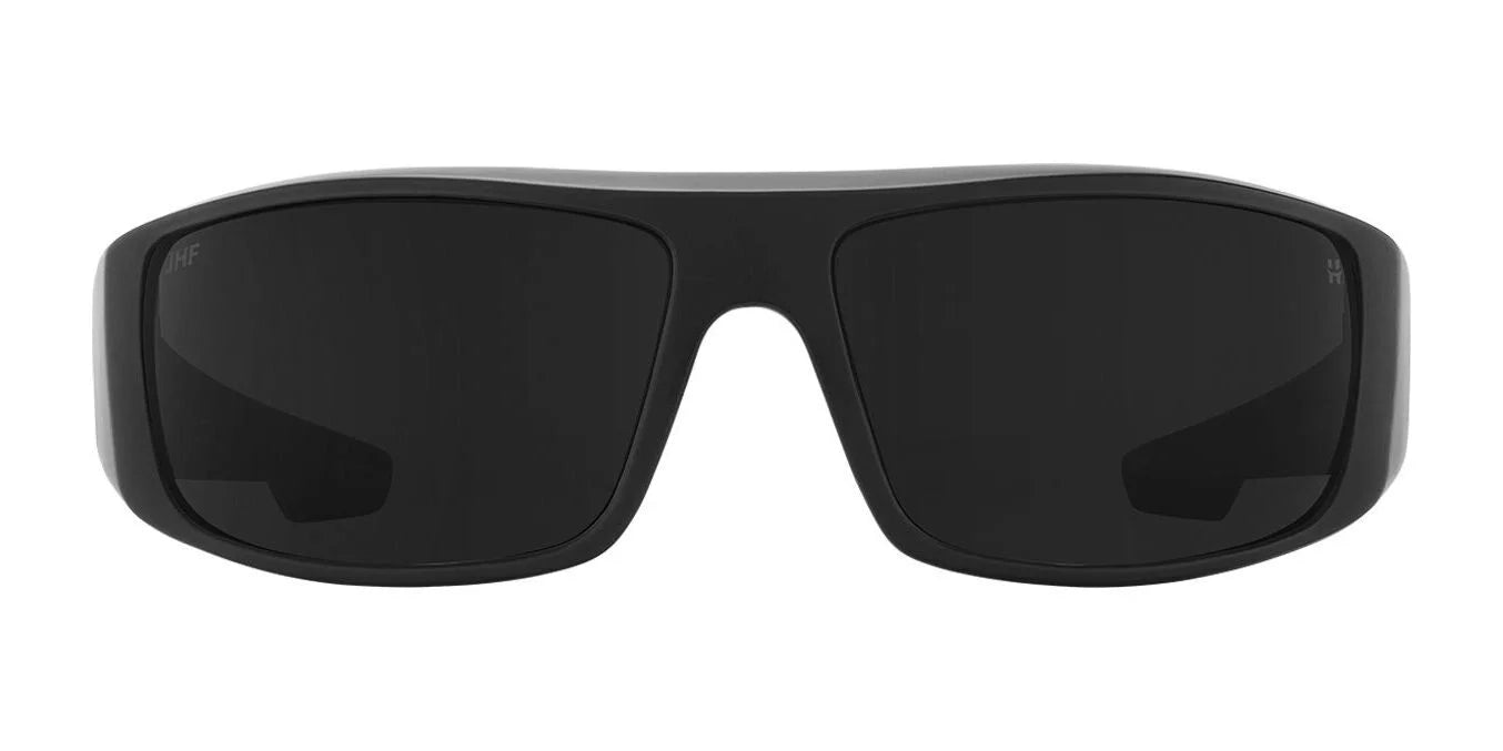 Front view of SPY LOGAN Sunglasses (Size 61) in black with dark lenses, featuring durable Grilamid® construction by SPY, shown on a white background. Front view of SPY LOGAN Sunglasses (Size 61) in black with dark lenses, featuring durable Grilamid® construction by SPY, shown on a white background.