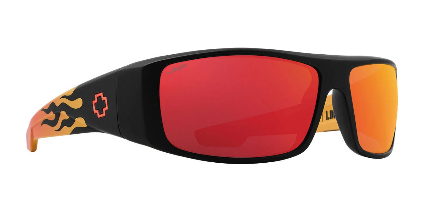The SPY LOGAN Sunglasses | Size 61 by SPY feature a matte black frame with orange flame designs, red-orange mirrored lenses, and durable Grilamid® construction. The SPY LOGAN Sunglasses | Size 61 by SPY feature a matte black frame with orange flame designs, red-orange mirrored lenses, and durable Grilamid® construction.