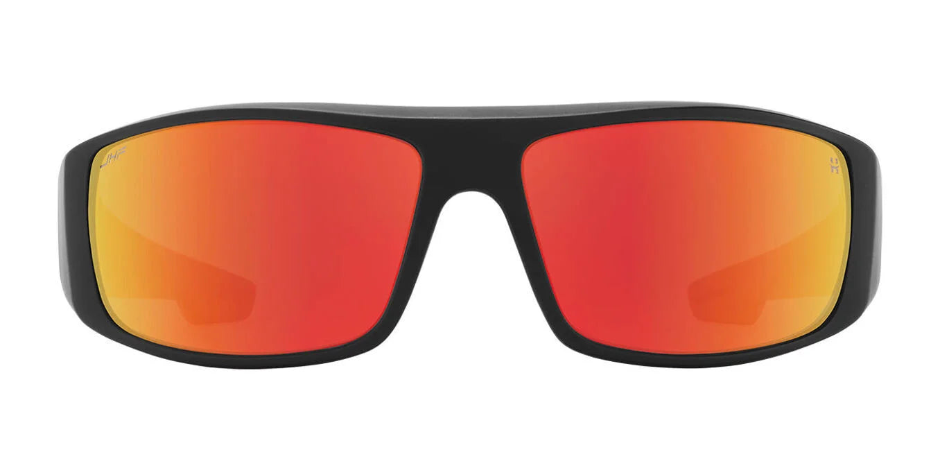 SPY LOGAN Sunglasses | Size 61 by SPY: Durable Grilamid® black frames with wide, rectangular shape and red-orange mirrored lenses, shown from the front. SPY LOGAN Sunglasses | Size 61 by SPY: Durable Grilamid® black frames with wide, rectangular shape and red-orange mirrored lenses, shown from the front.