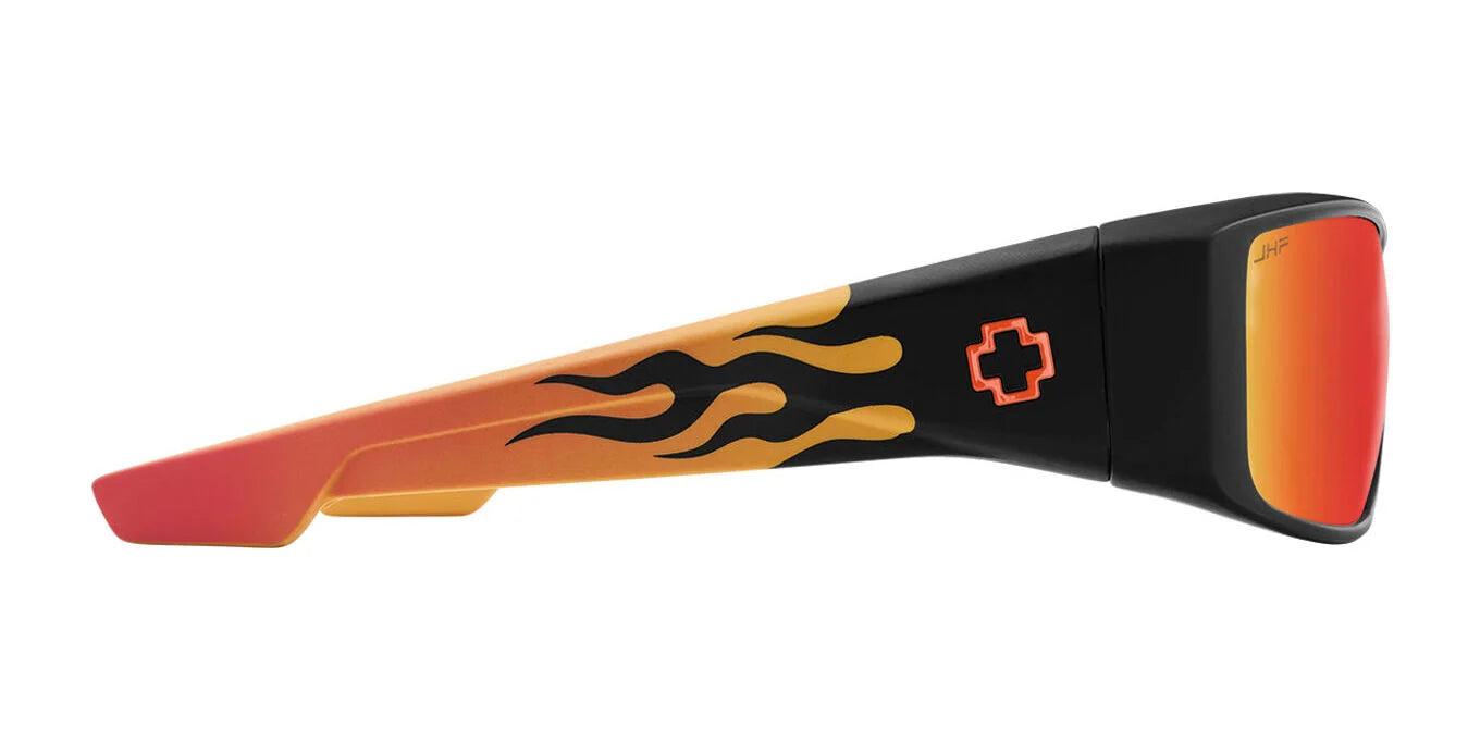 Side view of SPY LOGAN Sunglasses | Size 61 by SPY, featuring a black and orange flame design, red mirrored SPY Happy™ lens, and durable Grilamid® frame. Side view of SPY LOGAN Sunglasses | Size 61 by SPY, featuring a black and orange flame design, red mirrored SPY Happy™ lens, and durable Grilamid® frame.