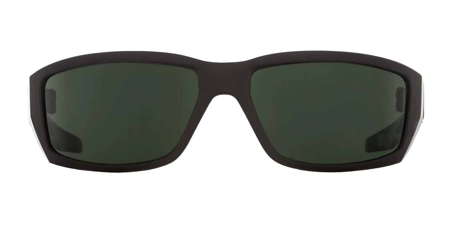 Black rectangular SPY DIRTY Mo sunglasses with dark lenses, featuring Trident polarization technology, rest on a white background. Black rectangular SPY DIRTY Mo sunglasses with dark lenses, featuring Trident polarization technology, rest on a white background.
