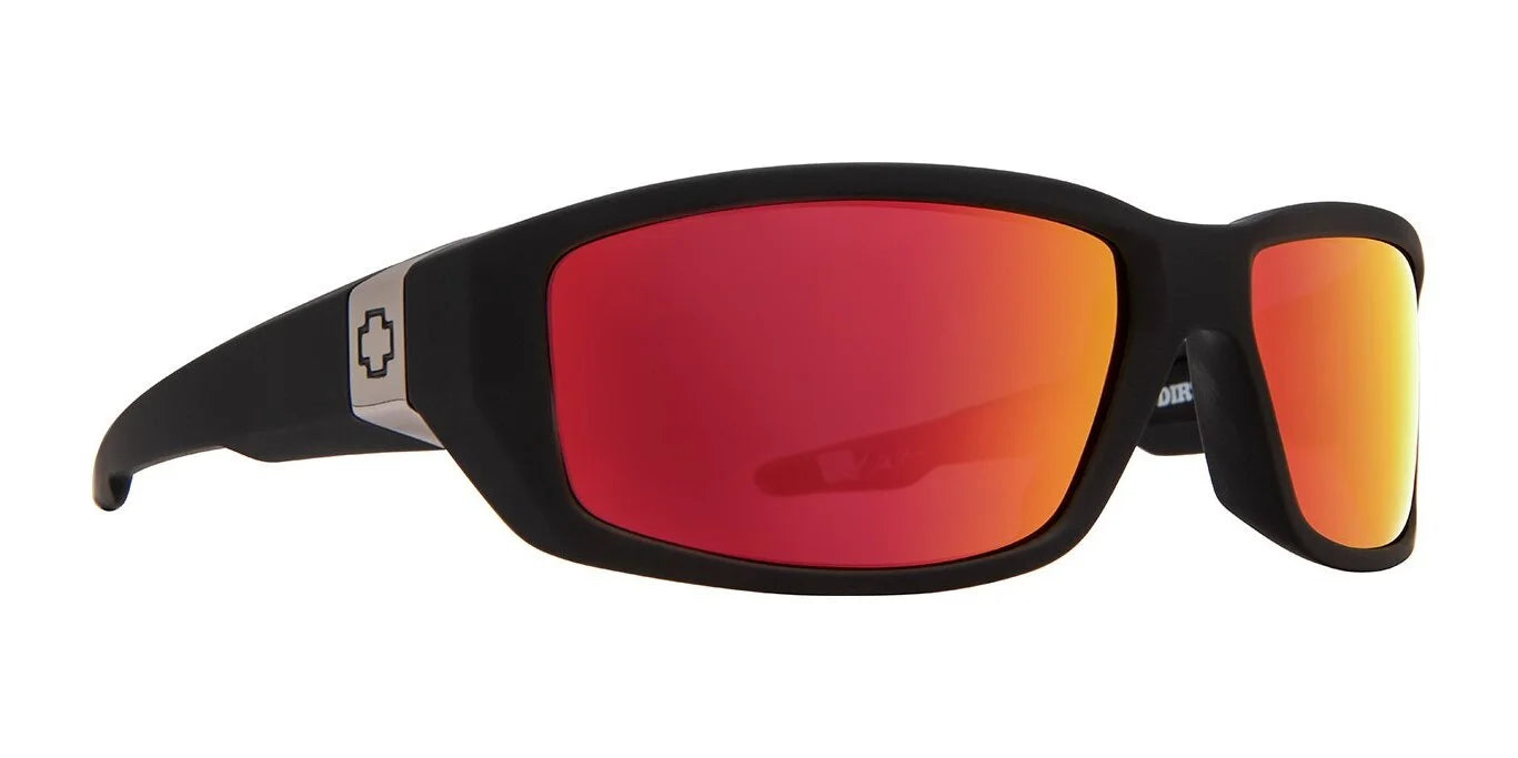 The SPY DIRTY Mo Sunglasses, Size 61, come in a Black Soft Matte finish with orange-red reflective lenses and a cross logo. They feature Trident polarization for enhanced clarity and reduced glare during adventures. The SPY DIRTY Mo Sunglasses, Size 61, come in a Black Soft Matte finish with orange-red reflective lenses and a cross logo. They feature Trident polarization for enhanced clarity and reduced glare during adventures.
