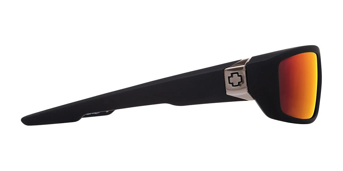 Side view of SPY DIRTY Mo Sunglasses, Size 61, with red-tinted Happy Lens and a silver emblem on the temple. Side view of SPY DIRTY Mo Sunglasses, Size 61, with red-tinted Happy Lens and a silver emblem on the temple.