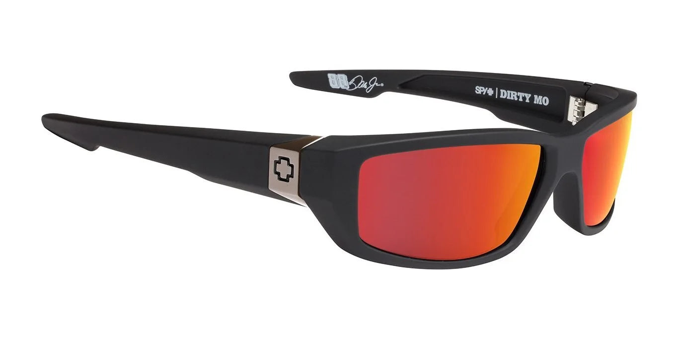 The SPY DIRTY Mo Sunglasses, size 61, feature black frames with red mirrored lenses and Trident polarization for enhanced clarity, adorned with a cross logo. The SPY DIRTY Mo Sunglasses, size 61, feature black frames with red mirrored lenses and Trident polarization for enhanced clarity, adorned with a cross logo.