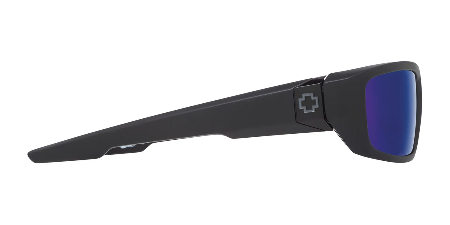 Side view of SPY DIRTY Mo black sunglasses with blue lenses, Trident polarization, and a cross logo on the temple. Brand: SPY, Size: 61. Side view of SPY DIRTY Mo black sunglasses with blue lenses, Trident polarization, and a cross logo on the temple. Brand: SPY, Size: 61.