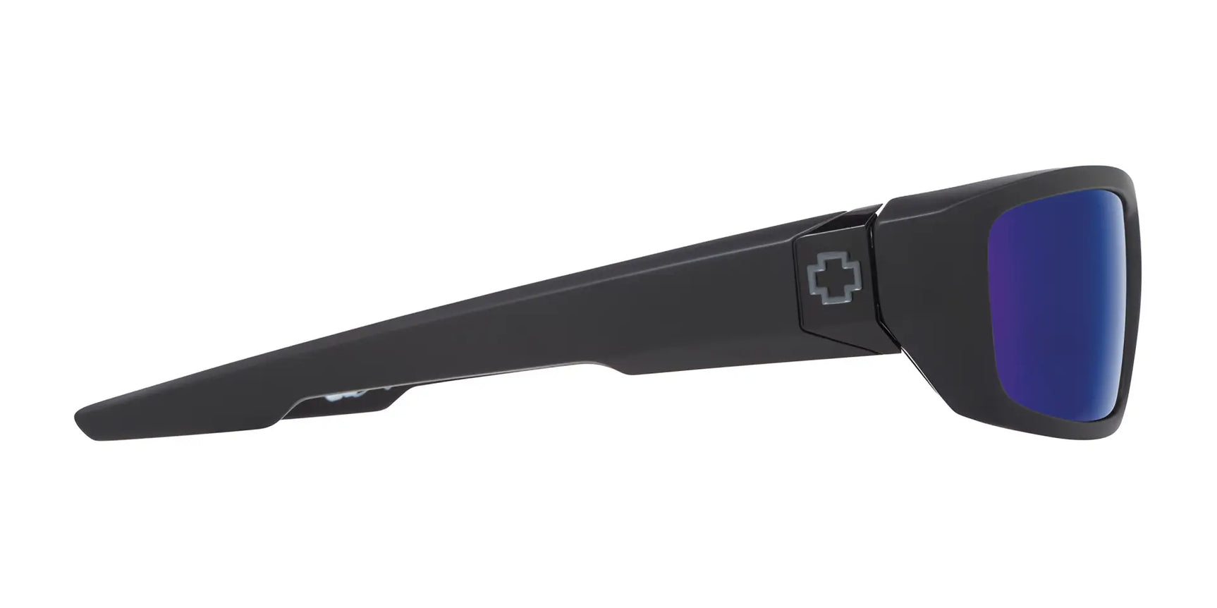 Side view of SPY DIRTY Mo black sunglasses with blue lenses, Trident polarization, and a cross logo on the temple. Brand: SPY, Size: 61. Side view of SPY DIRTY Mo black sunglasses with blue lenses, Trident polarization, and a cross logo on the temple. Brand: SPY, Size: 61.