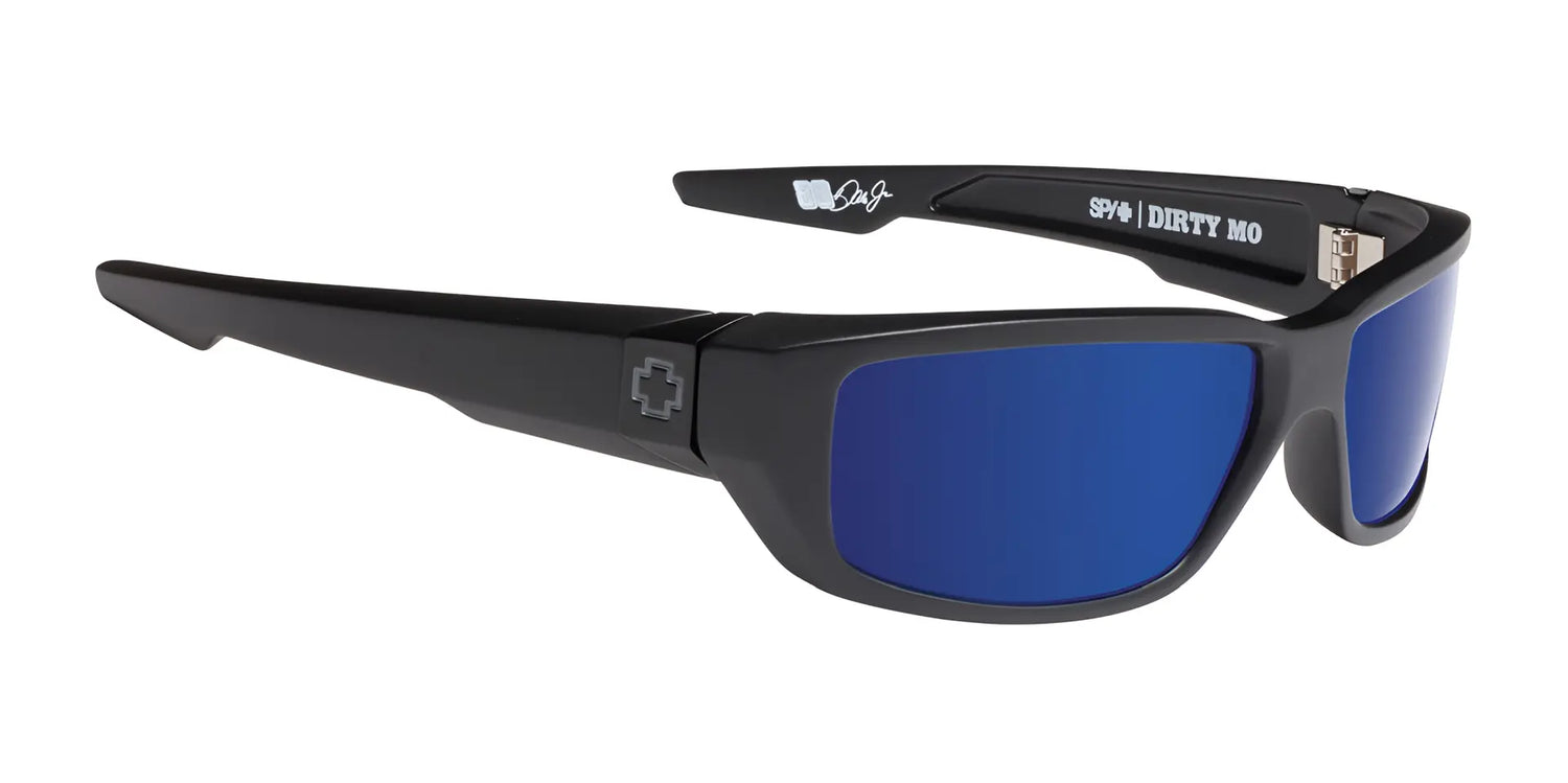 SPY DIRTY Mo Sunglasses, size 61, feature blue reflective lenses with Trident polarization for optimal clarity and distinctive Dirty Mo branding on the arms. SPY DIRTY Mo Sunglasses, size 61, feature blue reflective lenses with Trident polarization for optimal clarity and distinctive Dirty Mo branding on the arms.