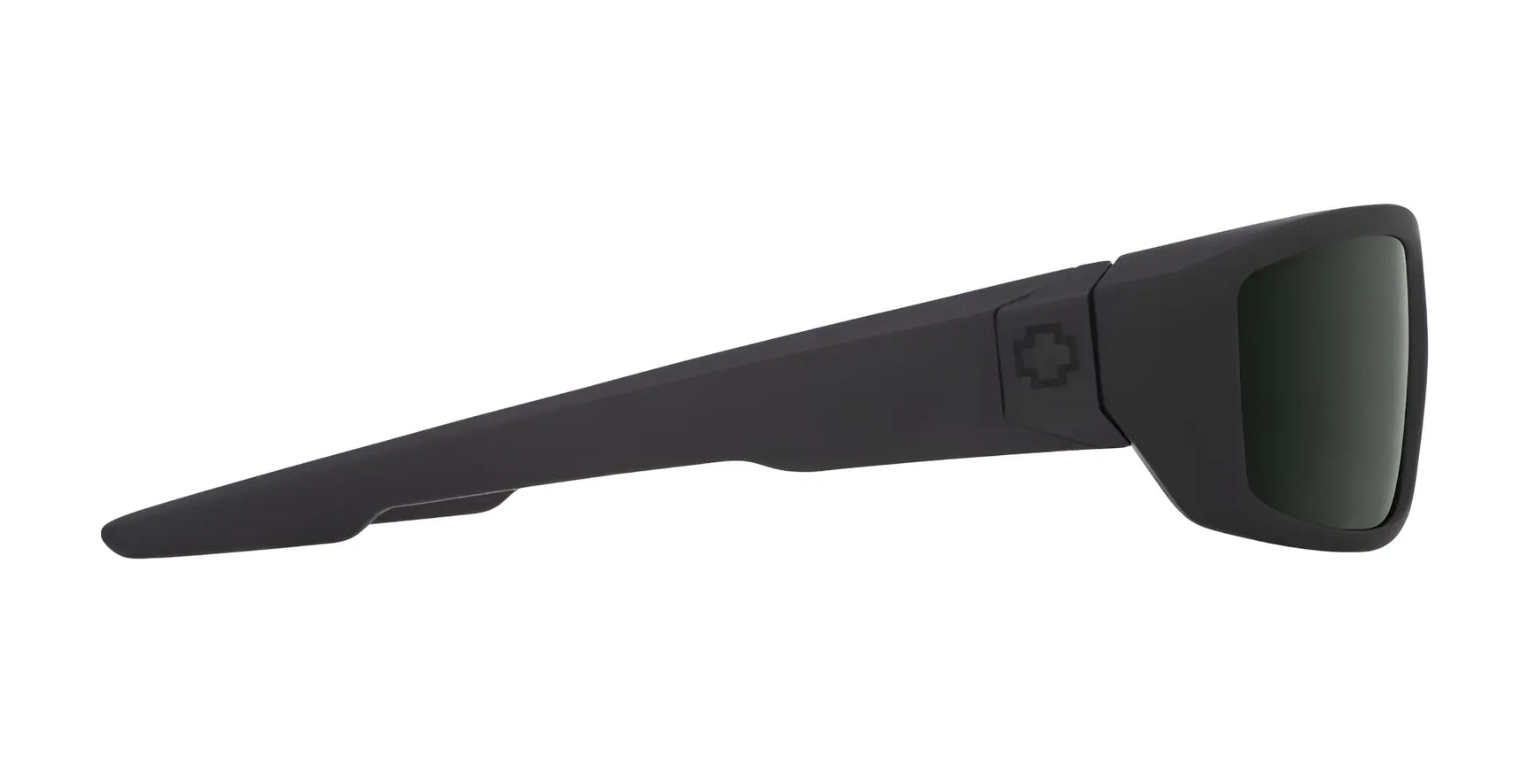 Side view of SPY DIRTY Mo Sunglasses in sleek black, featuring a cross symbol on the hinge, Happy Lens, and dark tinted lenses. Size 61. Side view of SPY DIRTY Mo Sunglasses in sleek black, featuring a cross symbol on the hinge, Happy Lens, and dark tinted lenses. Size 61.