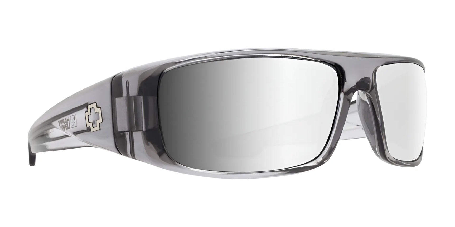The SPY LOGAN Sunglasses (Size 61) feature gray mirrored wraparound lenses, thick Grilamid® frames, Trident™ polarization, and a cross logo on the temple. The SPY LOGAN Sunglasses (Size 61) feature gray mirrored wraparound lenses, thick Grilamid® frames, Trident™ polarization, and a cross logo on the temple.