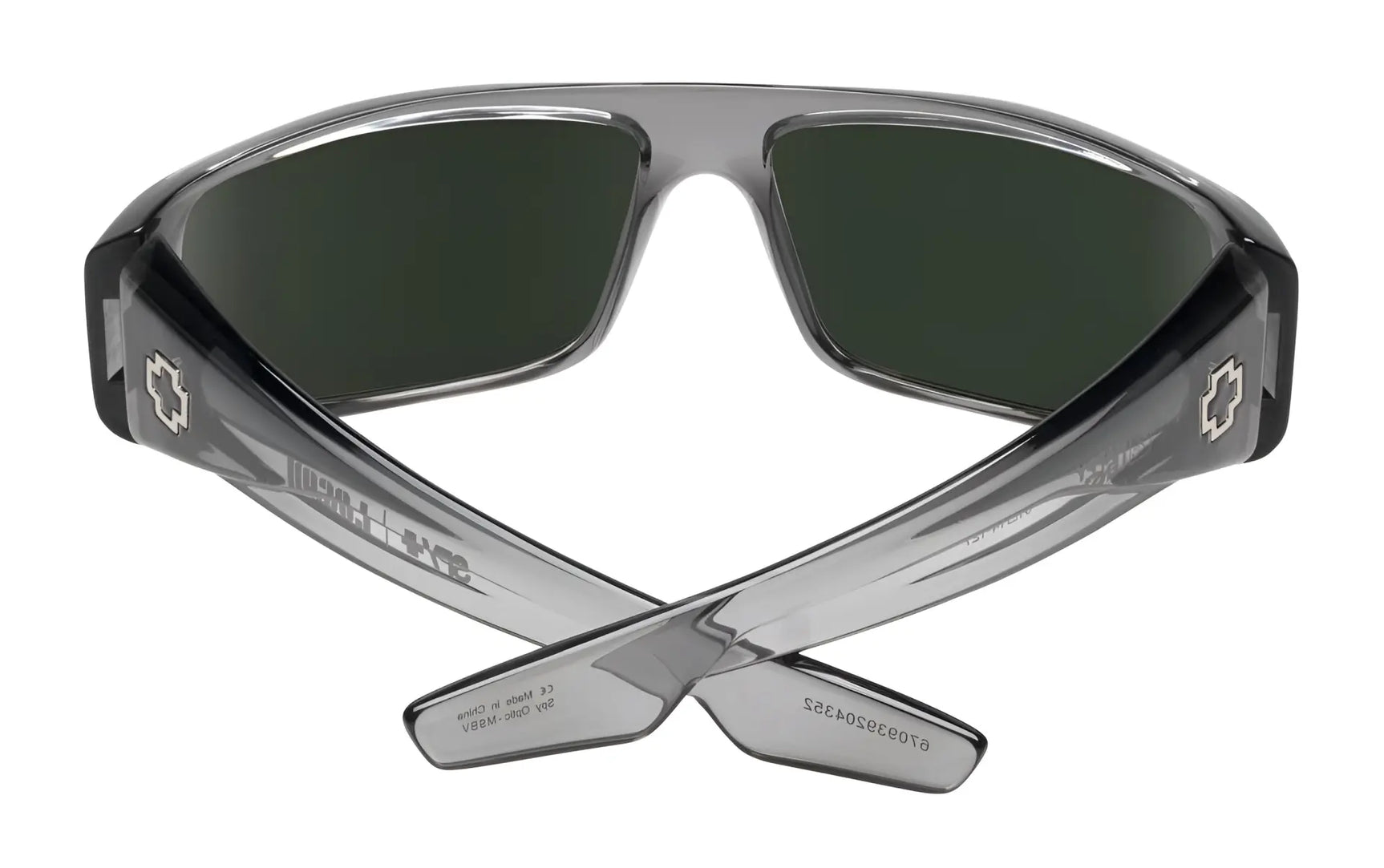 Back view of SPY LOGAN Sunglasses | Size 61 in gray by SPY, featuring dark lenses and thick, crossed Grilamid® arms, displayed on a white background. Back view of SPY LOGAN Sunglasses | Size 61 in gray by SPY, featuring dark lenses and thick, crossed Grilamid® arms, displayed on a white background.