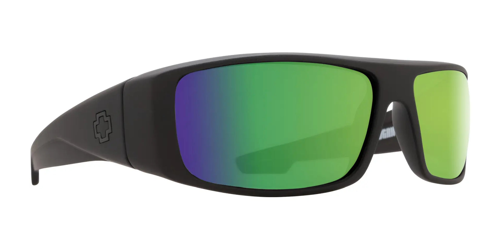 SPY LOGAN Sunglasses | Size 61 in black, featuring wide arms and green mirrored SPY Happy™ lenses, shown on a white background. SPY LOGAN Sunglasses | Size 61 in black, featuring wide arms and green mirrored SPY Happy™ lenses, shown on a white background.