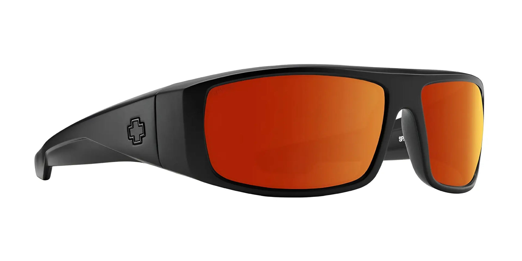 SPY LOGAN Sunglasses (Size 61) by SPY, shown in Matte Black ANSI RX, feature thick wraparound frames and red-orange mirrored lenses with durable Grilamid construction, viewed from the side. SPY LOGAN Sunglasses (Size 61) by SPY, shown in Matte Black ANSI RX, feature thick wraparound frames and red-orange mirrored lenses with durable Grilamid construction, viewed from the side.