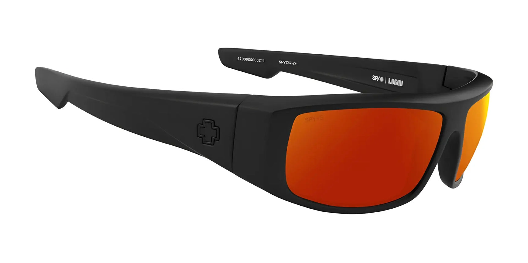 The SPY LOGAN Sunglasses | Size 61 by SPY feature thick black frames, orange reflective lenses, a cross logo on the side, durable Grilamid construction, and SPY Happy lens technology for exceptional clarity. The SPY LOGAN Sunglasses | Size 61 by SPY feature thick black frames, orange reflective lenses, a cross logo on the side, durable Grilamid construction, and SPY Happy lens technology for exceptional clarity.