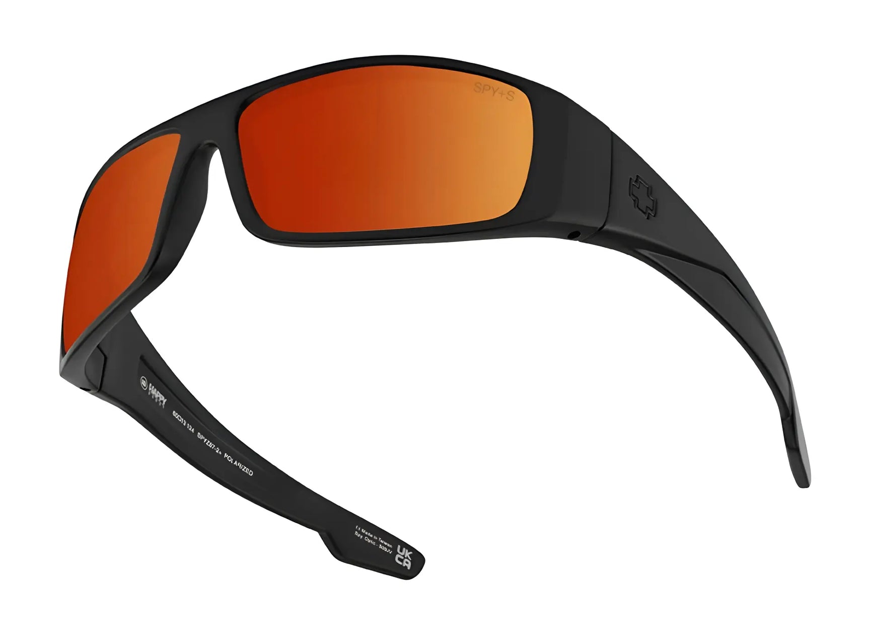 SPY LOGAN Sunglasses | Size 61: Black wraparound frames with orange mirrored SPY Happy™ lenses and durable Grilamid® construction, displayed on a white background. SPY LOGAN Sunglasses | Size 61: Black wraparound frames with orange mirrored SPY Happy™ lenses and durable Grilamid® construction, displayed on a white background.
