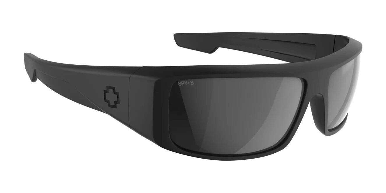 SPY LOGAN Sunglasses | Size 61 shown on a white background, featuring black wraparound frames made from thick Grilamid and dark Trident polarized lenses. SPY LOGAN Sunglasses | Size 61 shown on a white background, featuring black wraparound frames made from thick Grilamid and dark Trident polarized lenses.