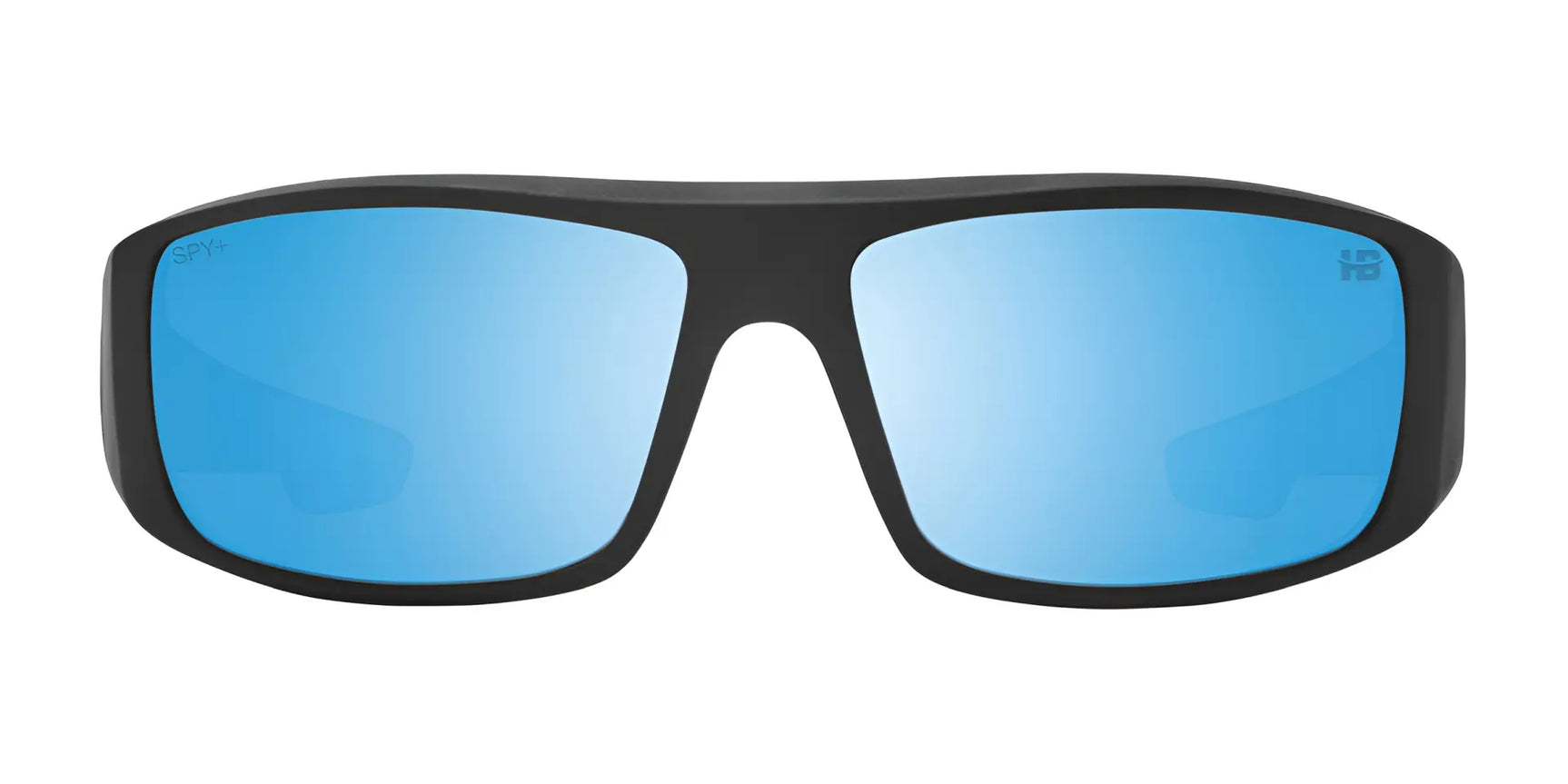 SPY LOGAN Sunglasses by SPY | Size 61. Black frame with large, rectangular blue reflective lenses and Trident™ polarized technology for glare reduction. Front view on white background. SPY LOGAN Sunglasses by SPY | Size 61. Black frame with large, rectangular blue reflective lenses and Trident™ polarized technology for glare reduction. Front view on white background.