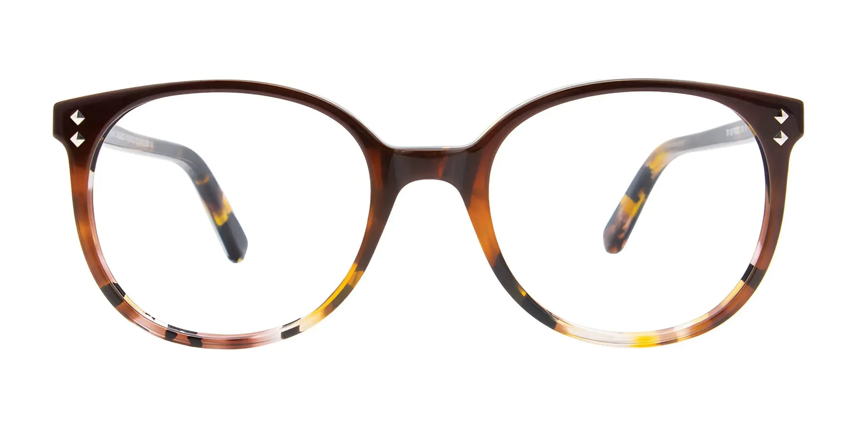 The Takumi TK1129 Eyeglasses | Size 47 by Takumi feature round tortoiseshell frames in brown, yellow, and black with clear lenses—combining style and practicality. The Takumi TK1129 Eyeglasses | Size 47 by Takumi feature round tortoiseshell frames in brown, yellow, and black with clear lenses—combining style and practicality.