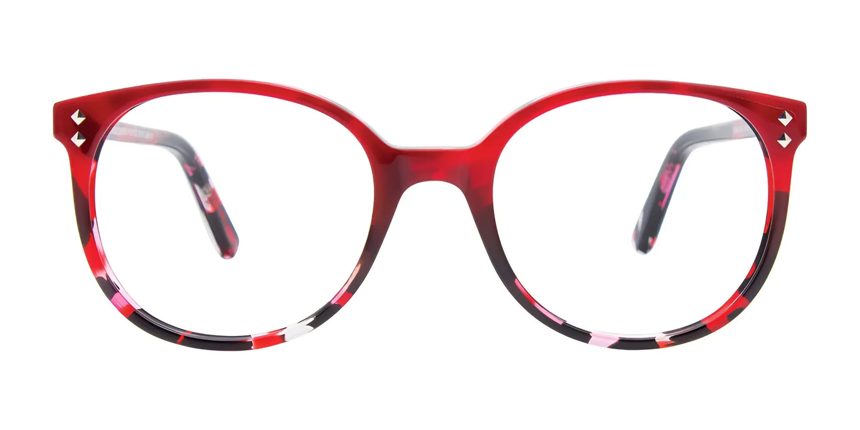 Takumi TK1129 Eyeglasses | Size 47 by Takumi, featuring round red and pink patterned frames, are shown front-facing on a white background—a perfect blend of fashion and function for a stylish accessory. Takumi TK1129 Eyeglasses | Size 47 by Takumi, featuring round red and pink patterned frames, are shown front-facing on a white background—a perfect blend of fashion and function for a stylish accessory.
