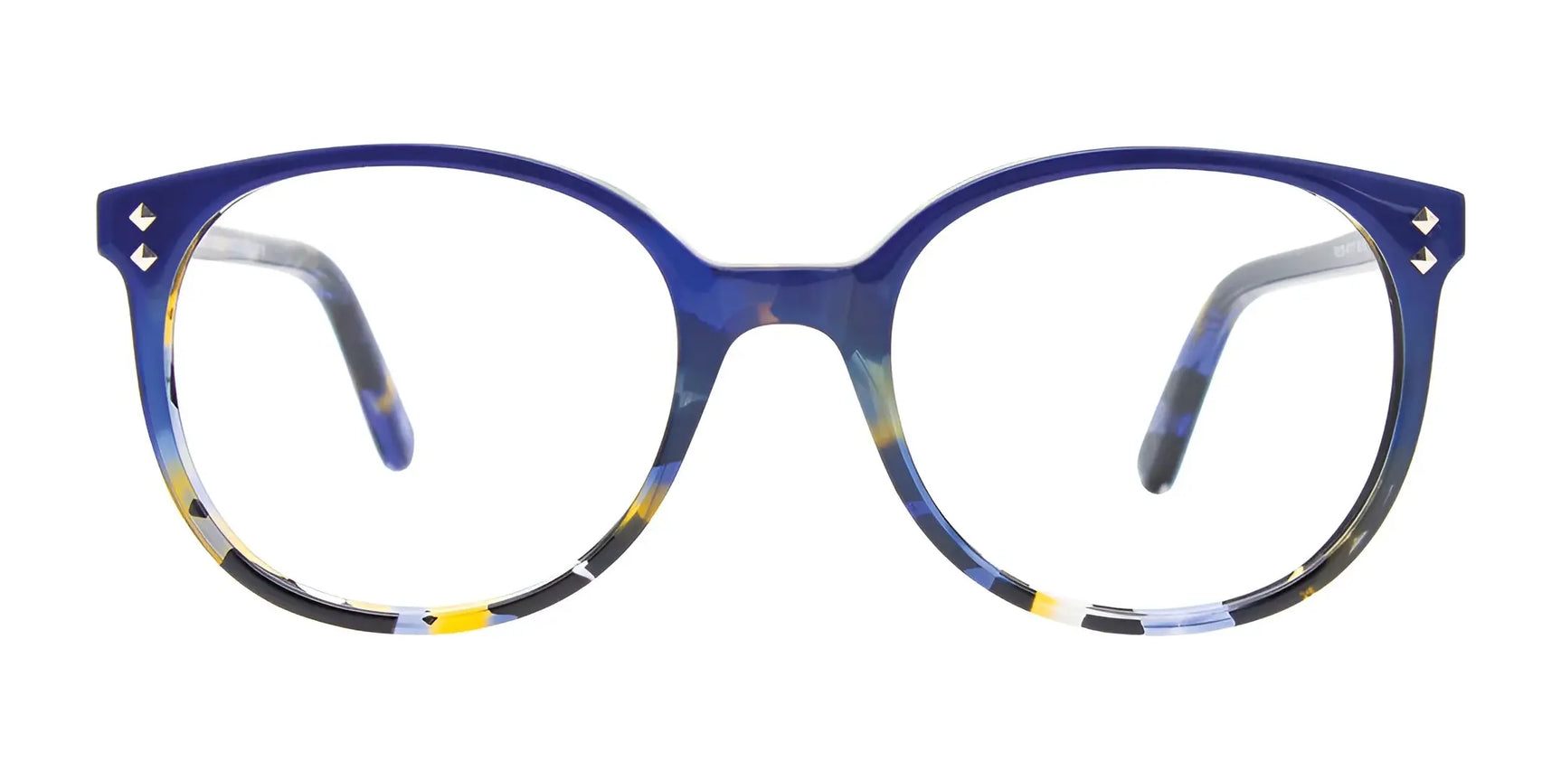 Takumi TK1129 Eyeglasses | Size 47 by Takumi feature a round blue frame with multicolor accents on the rims and temples, combining style and function for a striking accessory against a white background. Takumi TK1129 Eyeglasses | Size 47 by Takumi feature a round blue frame with multicolor accents on the rims and temples, combining style and function for a striking accessory against a white background.