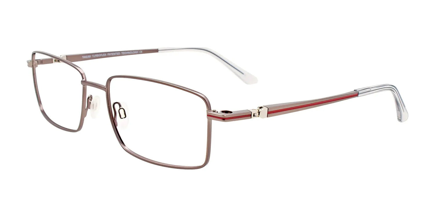 The Takumi TK1214 eyeglasses feature a sleek rectangular design with a thin metal frame and red temple accents. On a white background, these frames easily transform with clip-on sunglasses for added style and convenience. The Takumi TK1214 eyeglasses feature a sleek rectangular design with a thin metal frame and red temple accents. On a white background, these frames easily transform with clip-on sunglasses for added style and convenience.