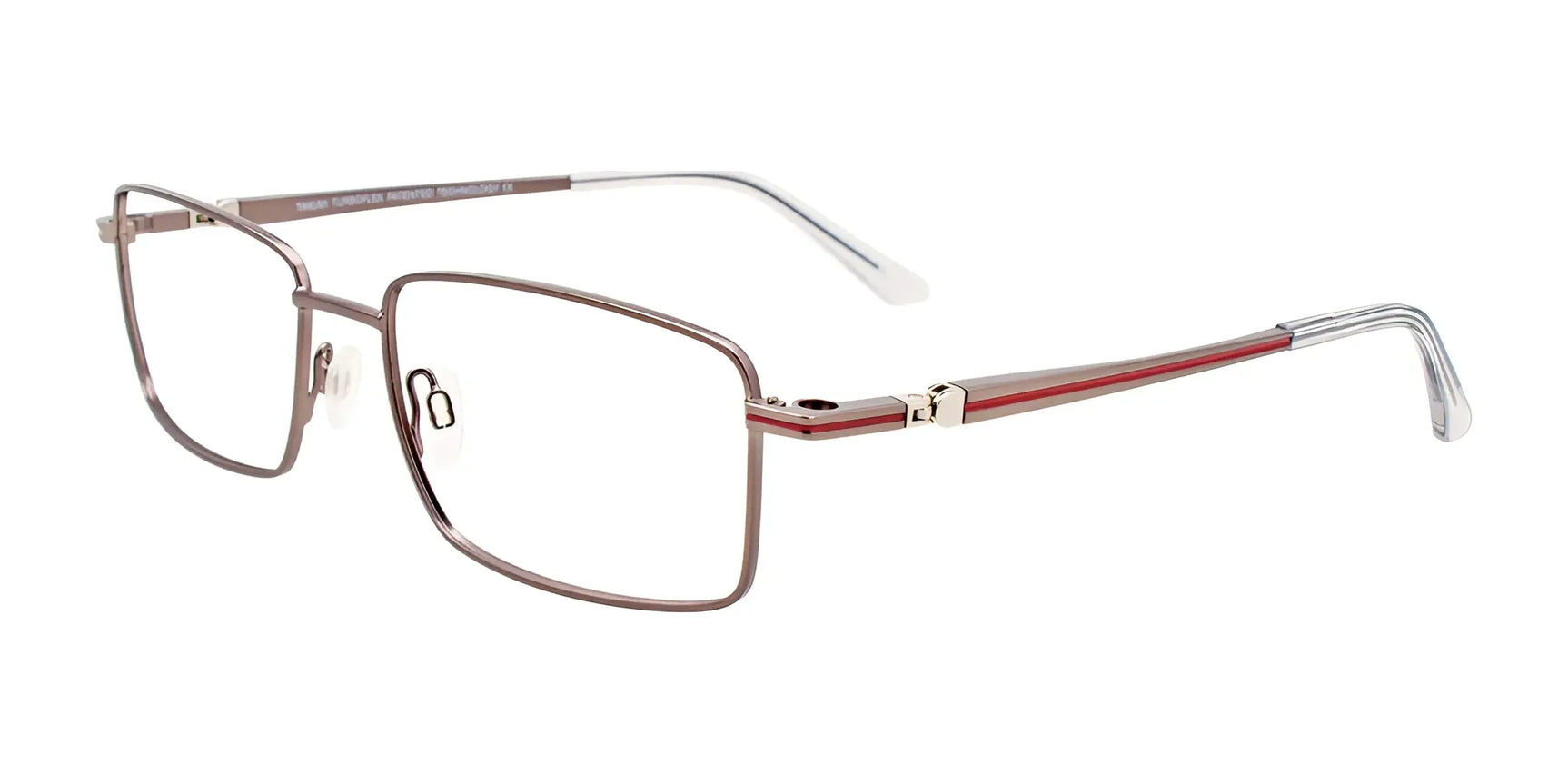 The Takumi TK1214 eyeglasses feature a sleek rectangular design with a thin metal frame and red temple accents. On a white background, these frames easily transform with clip-on sunglasses for added style and convenience. The Takumi TK1214 eyeglasses feature a sleek rectangular design with a thin metal frame and red temple accents. On a white background, these frames easily transform with clip-on sunglasses for added style and convenience.