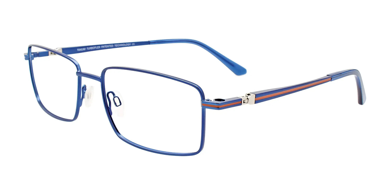 The Takumi TK1214 Eyeglasses have blue rectangular frames with silver details and thin temples featuring a red stripe. They come with optional clip-on sunglasses, seamlessly blending style and convenience. The Takumi TK1214 Eyeglasses have blue rectangular frames with silver details and thin temples featuring a red stripe. They come with optional clip-on sunglasses, seamlessly blending style and convenience.