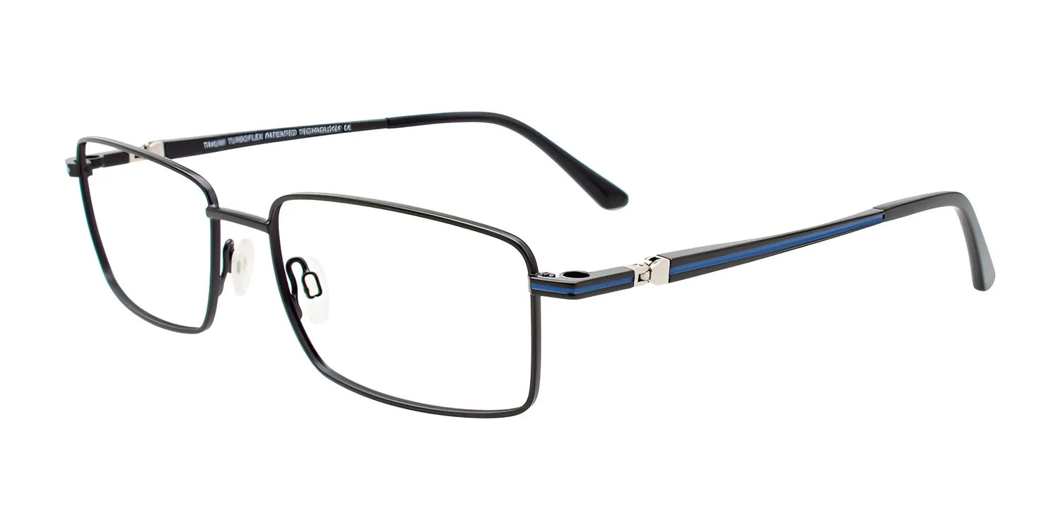 The Takumi TK1214 Eyeglasses boast a stylish black rectangular frame with thin metal construction and blue temple accents. Ideal for any occasion, they convert into polarized clip-on sunglasses, blending style and versatility in one elegant package. The Takumi TK1214 Eyeglasses boast a stylish black rectangular frame with thin metal construction and blue temple accents. Ideal for any occasion, they convert into polarized clip-on sunglasses, blending style and versatility in one elegant package.