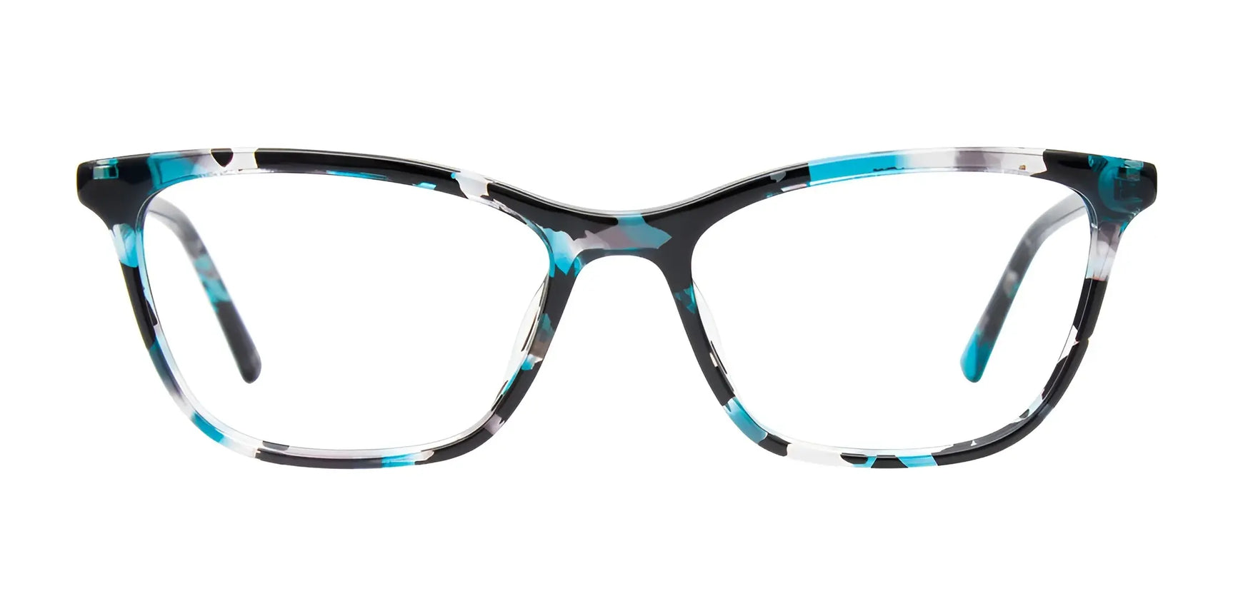 Takumi TK1274 Eyeglasses with Clip-on Sunglasses | Size 52, featuring a black, white, and blue marbled rectangular frame. Shown on a white background. Compatible with polarized sunglasses clip for versatile wear. Takumi TK1274 Eyeglasses with Clip-on Sunglasses | Size 52, featuring a black, white, and blue marbled rectangular frame. Shown on a white background. Compatible with polarized sunglasses clip for versatile wear.
