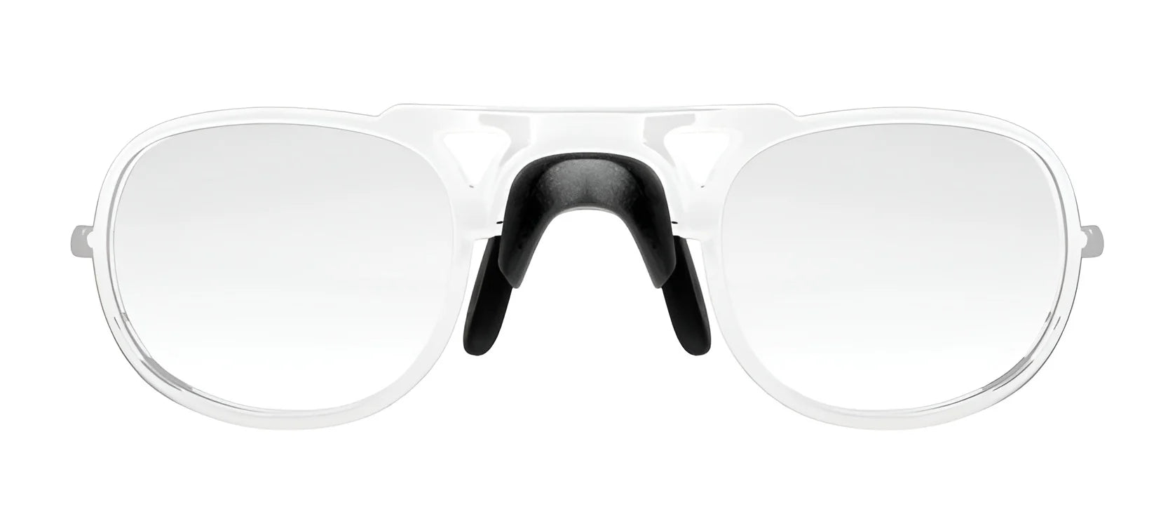 Front view of Tifosi Optics RX Adaptor sunglasses featuring transparent frames, a double bridge, and black nose pads against a white background. Front view of Tifosi Optics RX Adaptor sunglasses featuring transparent frames, a double bridge, and black nose pads against a white background.